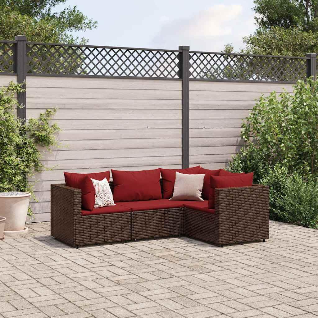 4 Piece Brown PE Rattan Patio Lounge Set with Red Cushions, UV-Resistant Outdoor Furniture for Garden and Balcony, Modular Design Weather-Resistant Construction Easy