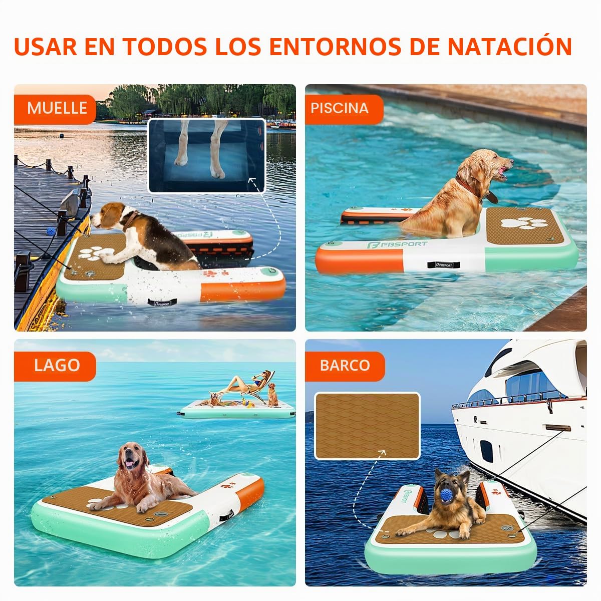 FBSPORT Rampa Inflable para Barco, rampa de Agua Flotante para Piscina, Barco, Escalera Flotante de EVA Antideslizante para Perros de hasta 220 Libras, rampa de Piscina para Perros de hasta 220