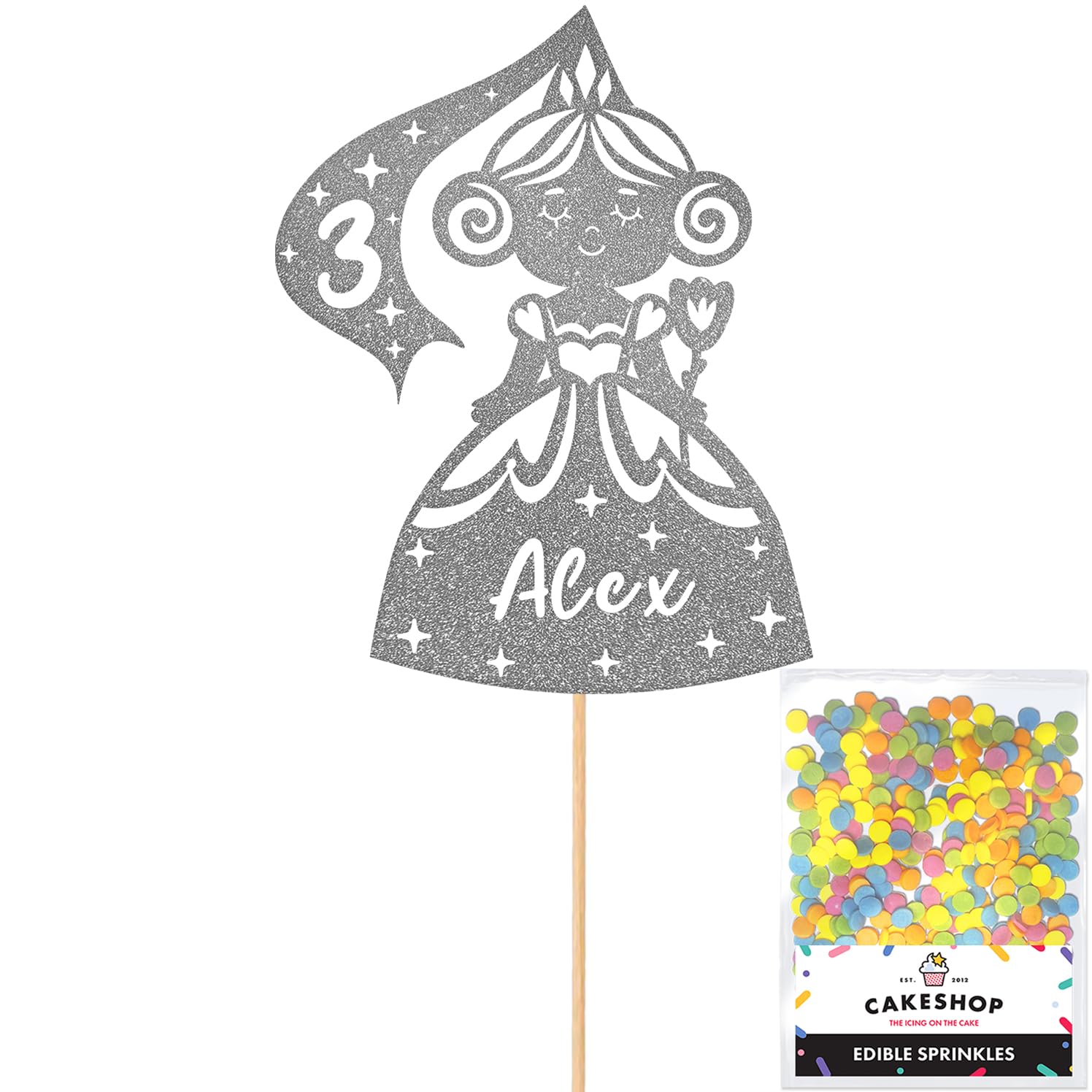 Personalised Birthday Princess Glitter Cake Topper- Dark Silver Any Custom Age & Name Glitter Cake Decoration and Sprinkles - Happy Birthday Decorations - Personalised Toppers for Cakes by Cakeshop — image 1