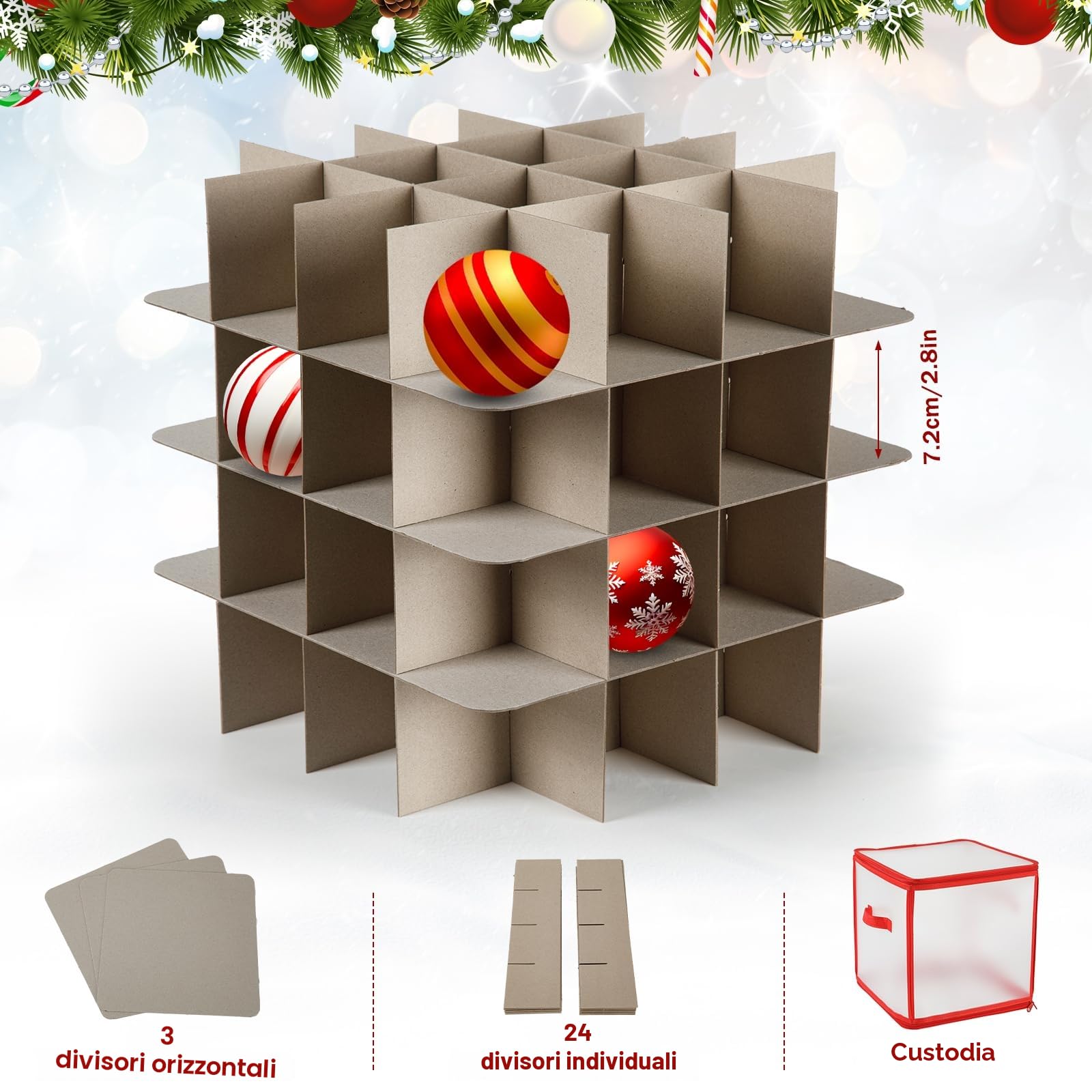 Porta Palline di Natale, Contenitore Addobbi Natalizi, Scatola Portapalline Natale, Organizer per Decorazioni dell'Albero, Scatola Rigida per Elementi Decorativi