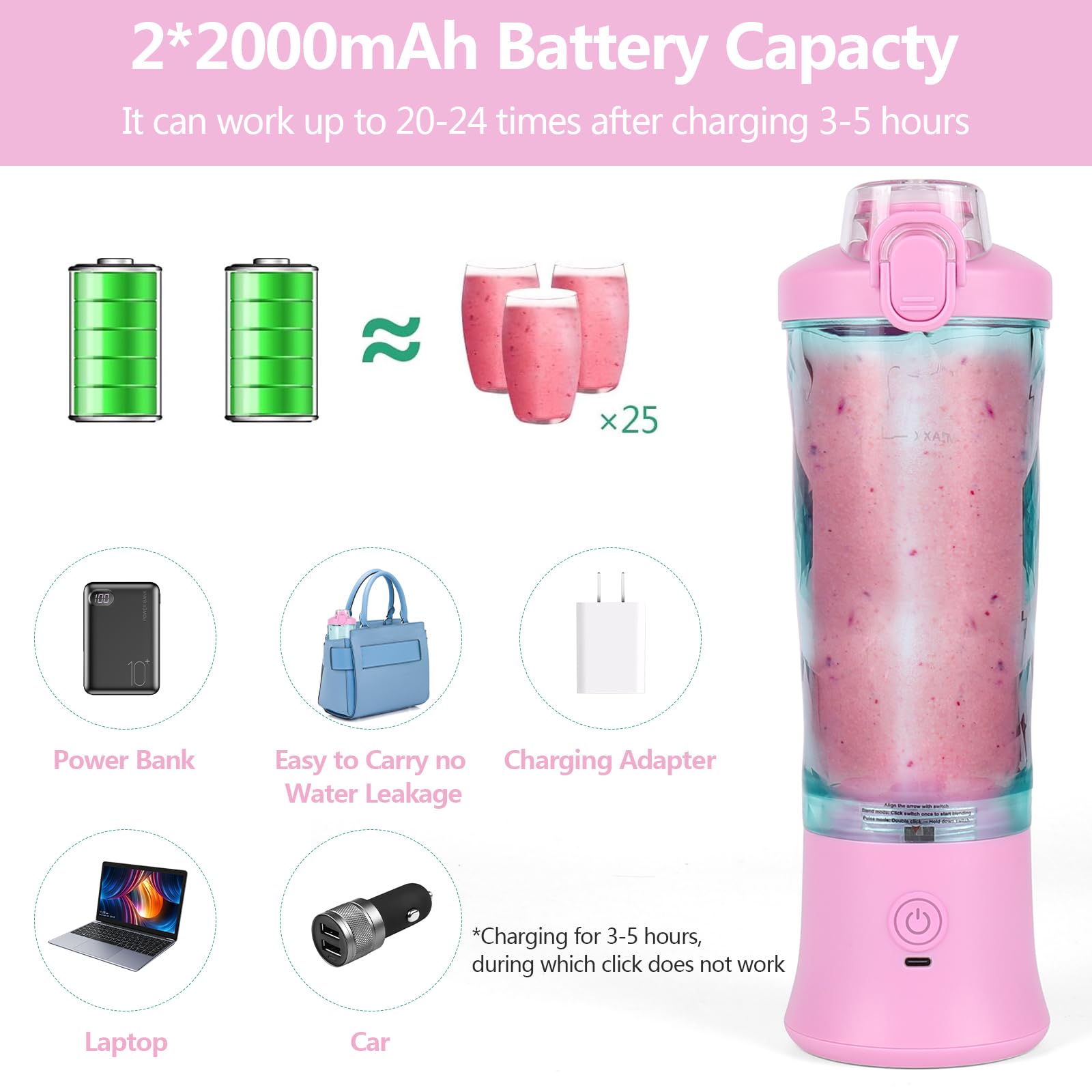 Dreamhigh® Mixer Smoothiemaker, 600 ml draagbare mixer voor smoothies en shakes met 6 messen, 4000 mAh mini-mixer kan 25 kopjes sap uitpersen voor kantoor, camping en reizen (paars
