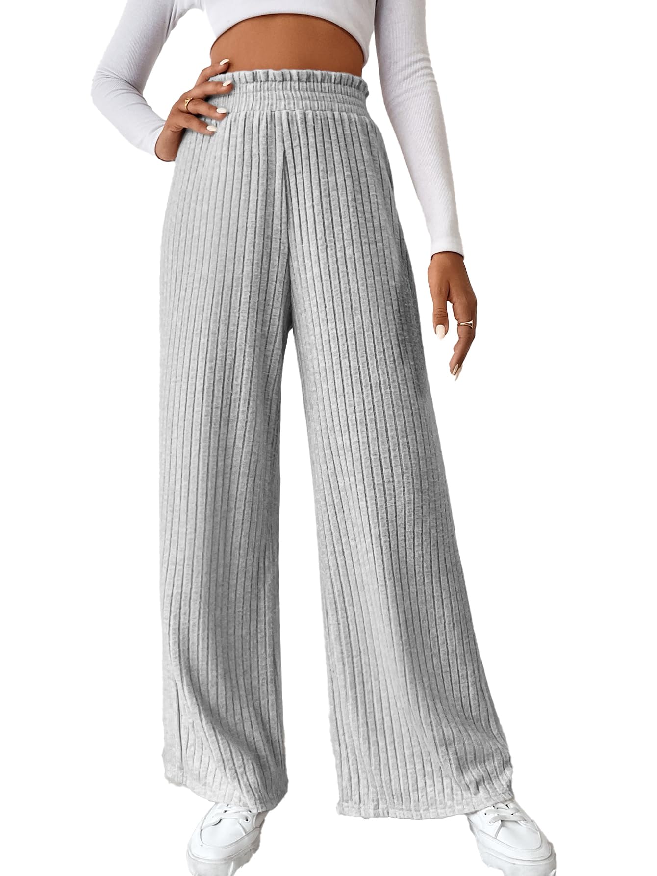 SOLY HUX Womens Wide Leg Lounge Pants Dressy Casual High Elastic Waist Ribbed Knit Trousers