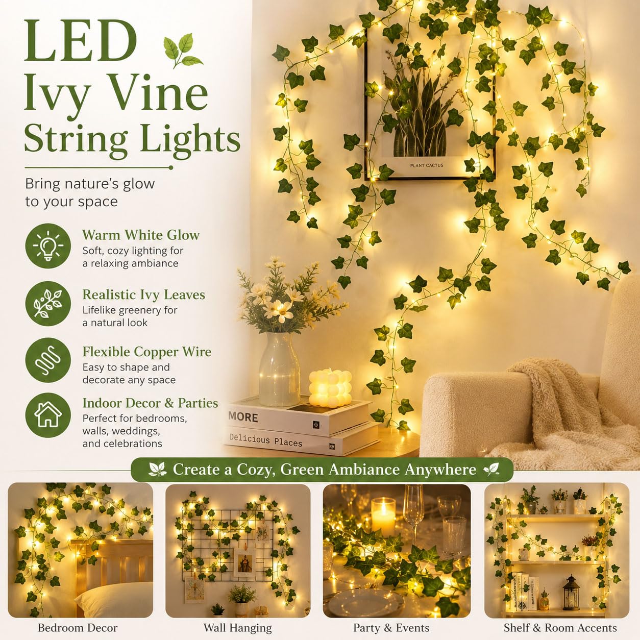 Hiseng Catena Luminosa Esterna Solare, Luci Solari Esterno da Giardino a Bolle, Lampade Solari Impermeabili per Campeggio, Terrazzo, Balcone (Foglie 1,10M)