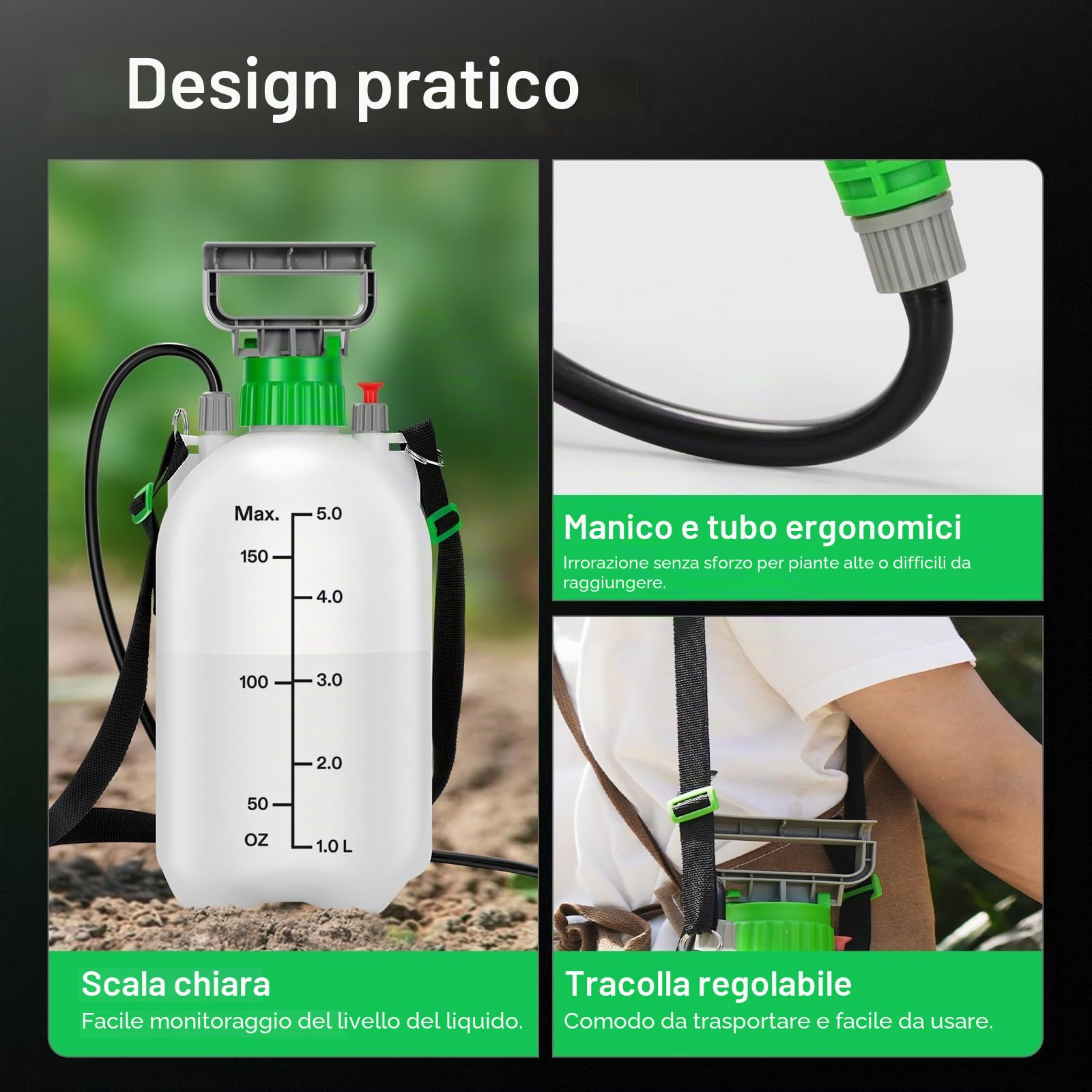 VIVOSUN Spruzzatore a pressione con pompa da 1,3 galloni, bottiglia d'acqua pressurizzata da 5 litri per prato e giardino con 3 ugelli d'acqua, tracolla regolabile, valvola di sicurezza