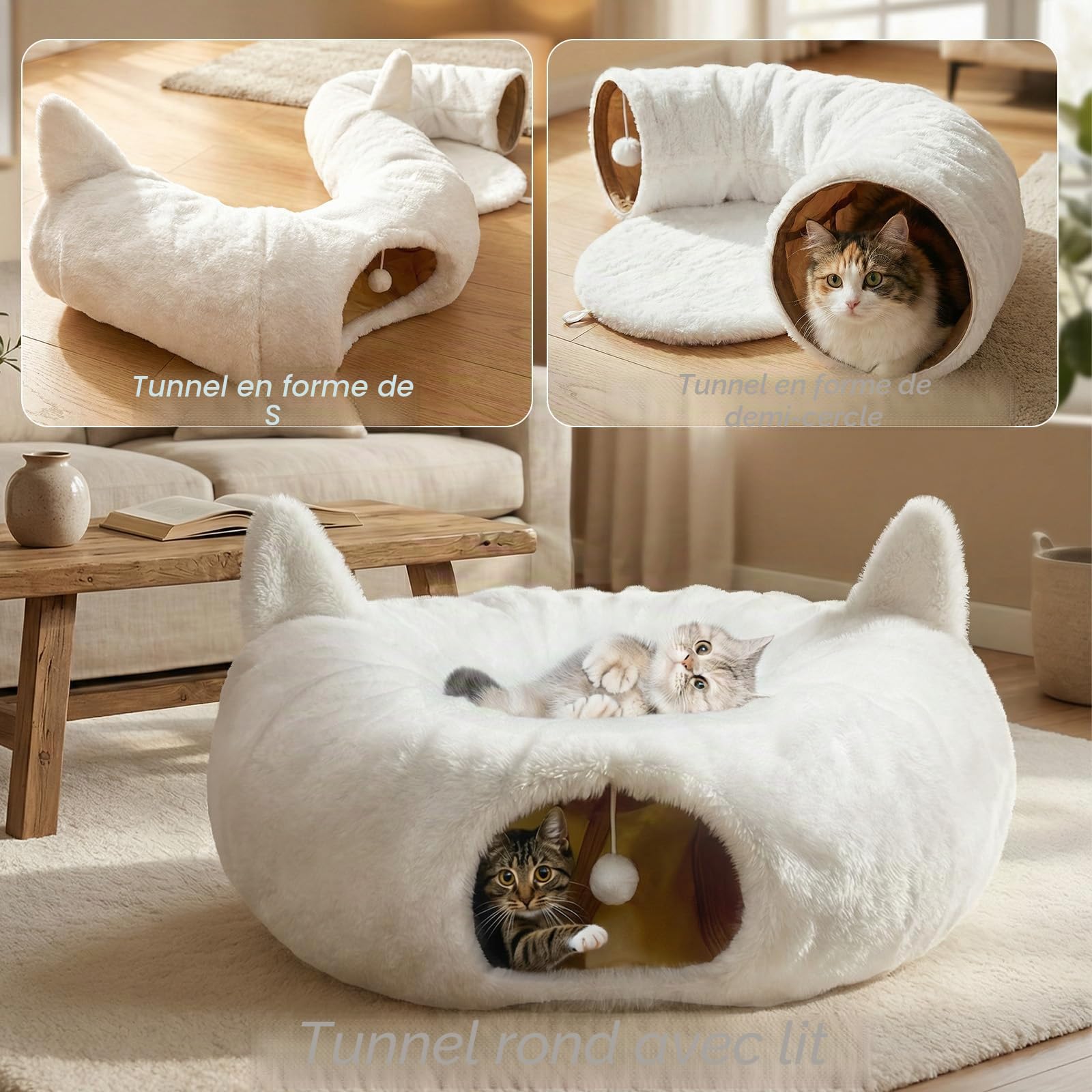 Lit tunnel pour chat d'intérieur en peluche douce avec coussin lavable, pour chaton, lapin, chiot (blanc)
