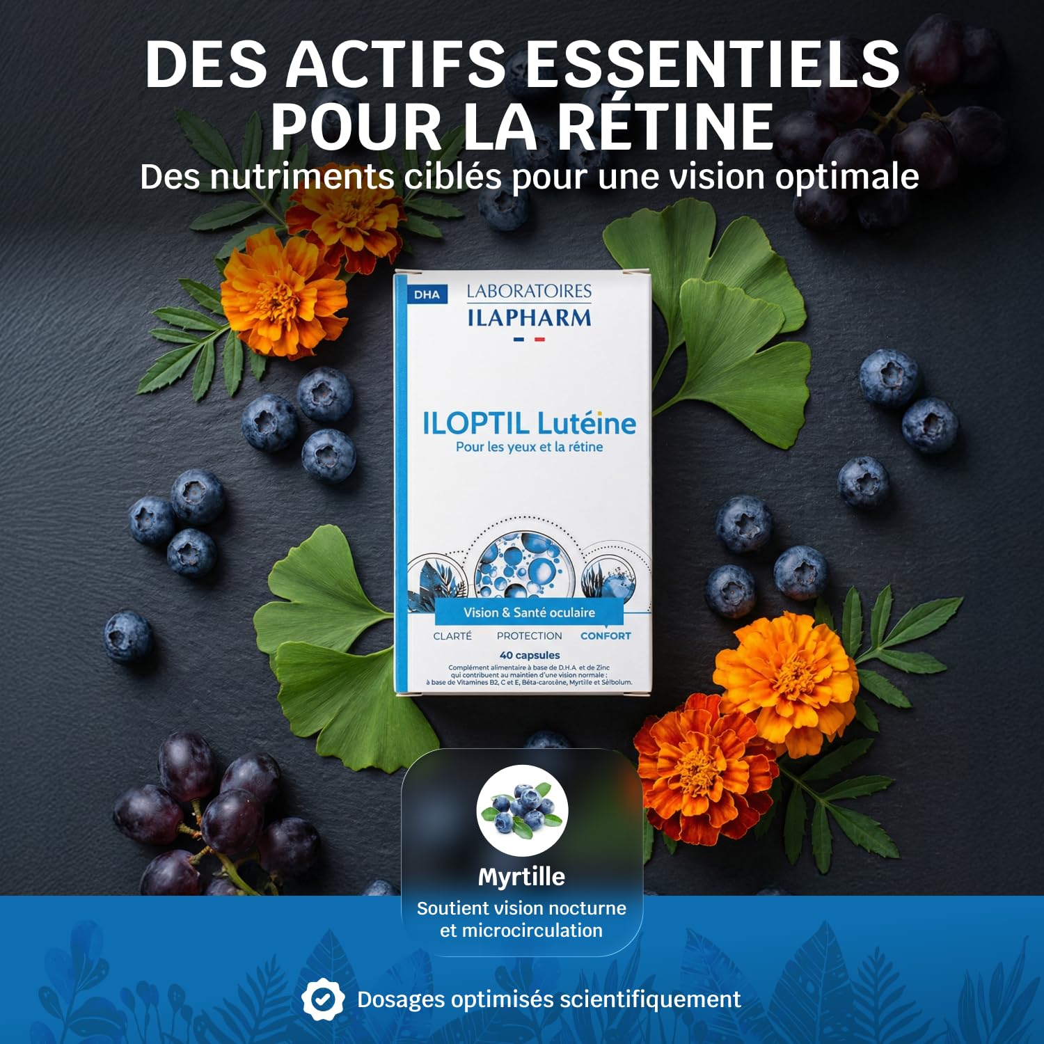 Laboratoires Ilapharm - Iloptil Luteine Et Zeaxanthine- D.H.A, Lutéine, Zéaxanthine, Myrtille, Vitamines Et Minéraux - Protection Des Yeux Et De La Retine - 40 Capsules | Myrtille & Bêta-carotène · Vit. C, E, Zinc & Sélénium : Protection des Cellules · 40