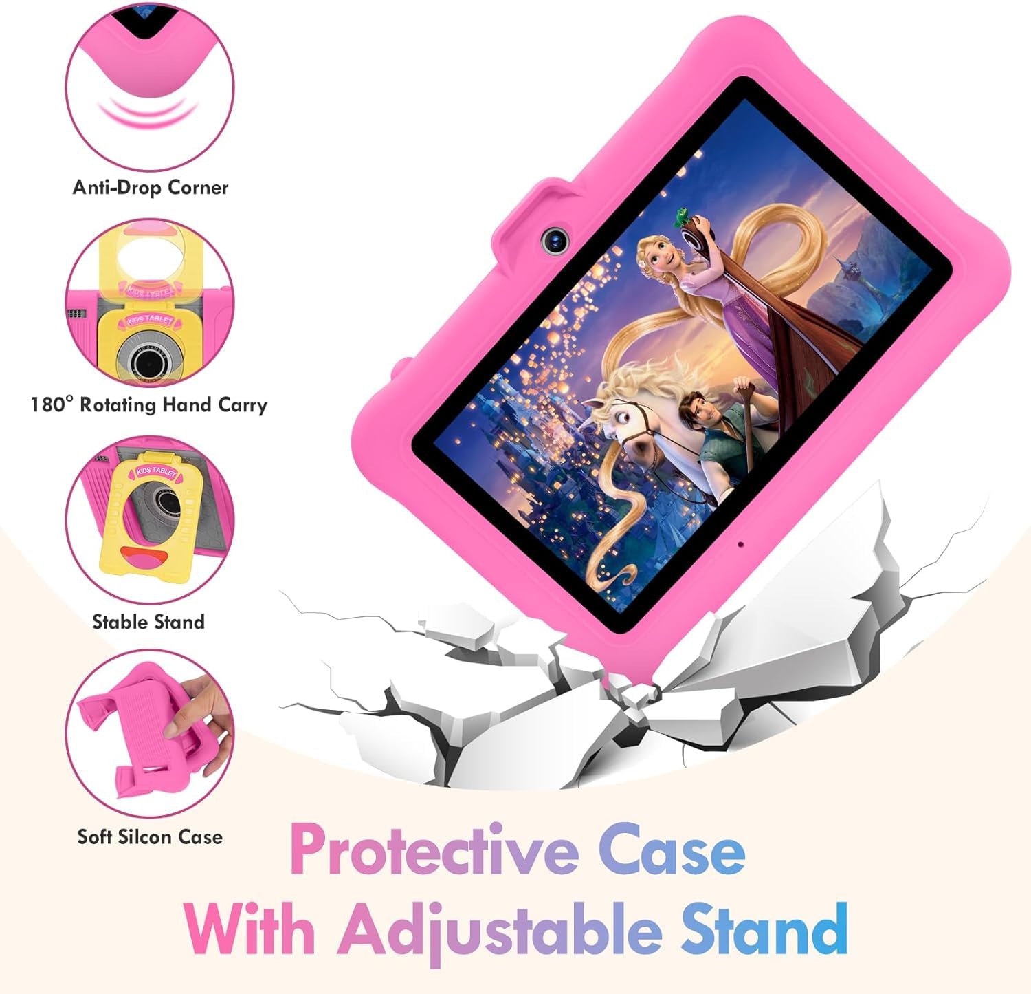Tablette Enfants 7 Pouces Android, RAM 8 (3+5) Go, ROM 64 Go (TF 128 Go), GMS Certified, Apps Pré-Installé, Éducative, WiFi, Kid-Proof Étui avec Support réglable, Rose