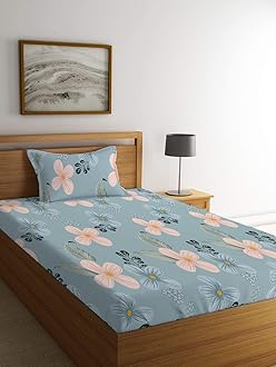 LOOMLYFE 300 TC Cotton Feel Glace Elastic Fitted Printed Single Bed Bedsheet with 1 Pillow Cover Fits Upto 6 Inches Mattress,Size- 42X75X8 Inches, Skypeachflower