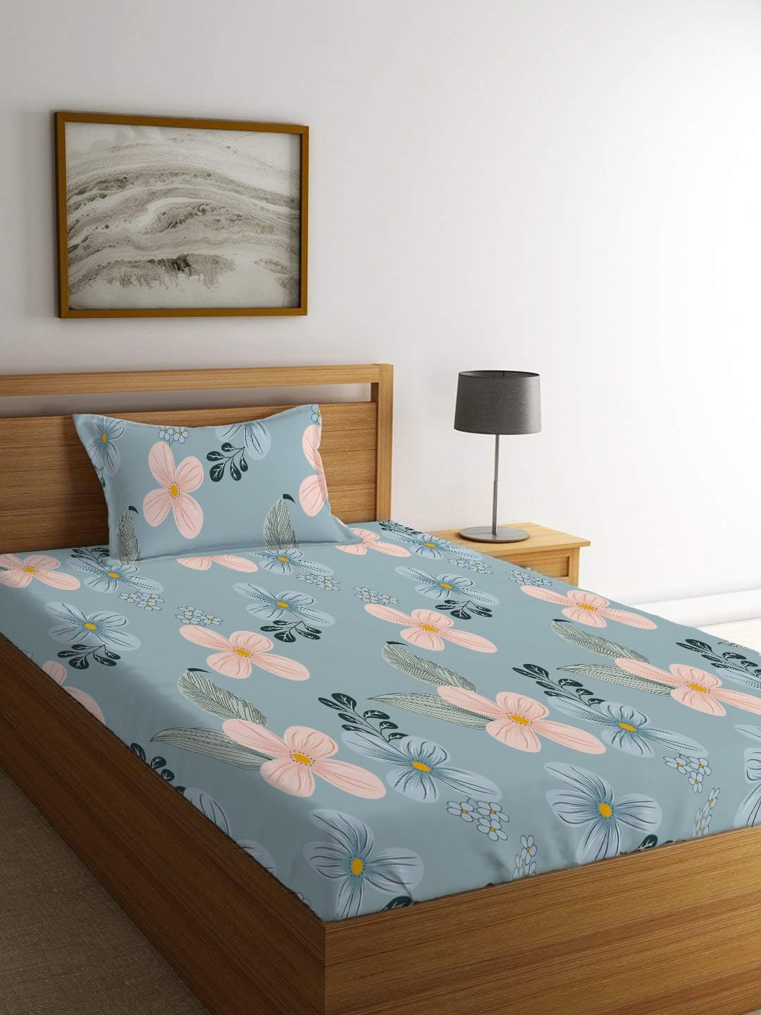 LOOMLYFE 300 TC Cotton Feel Glace Elastic Fitted Printed Single Bed Bedsheet with 1 Pillow Cover Fits Upto 6 Inches Mattress,Size- 42X75X8 Inches, Skypeachflower