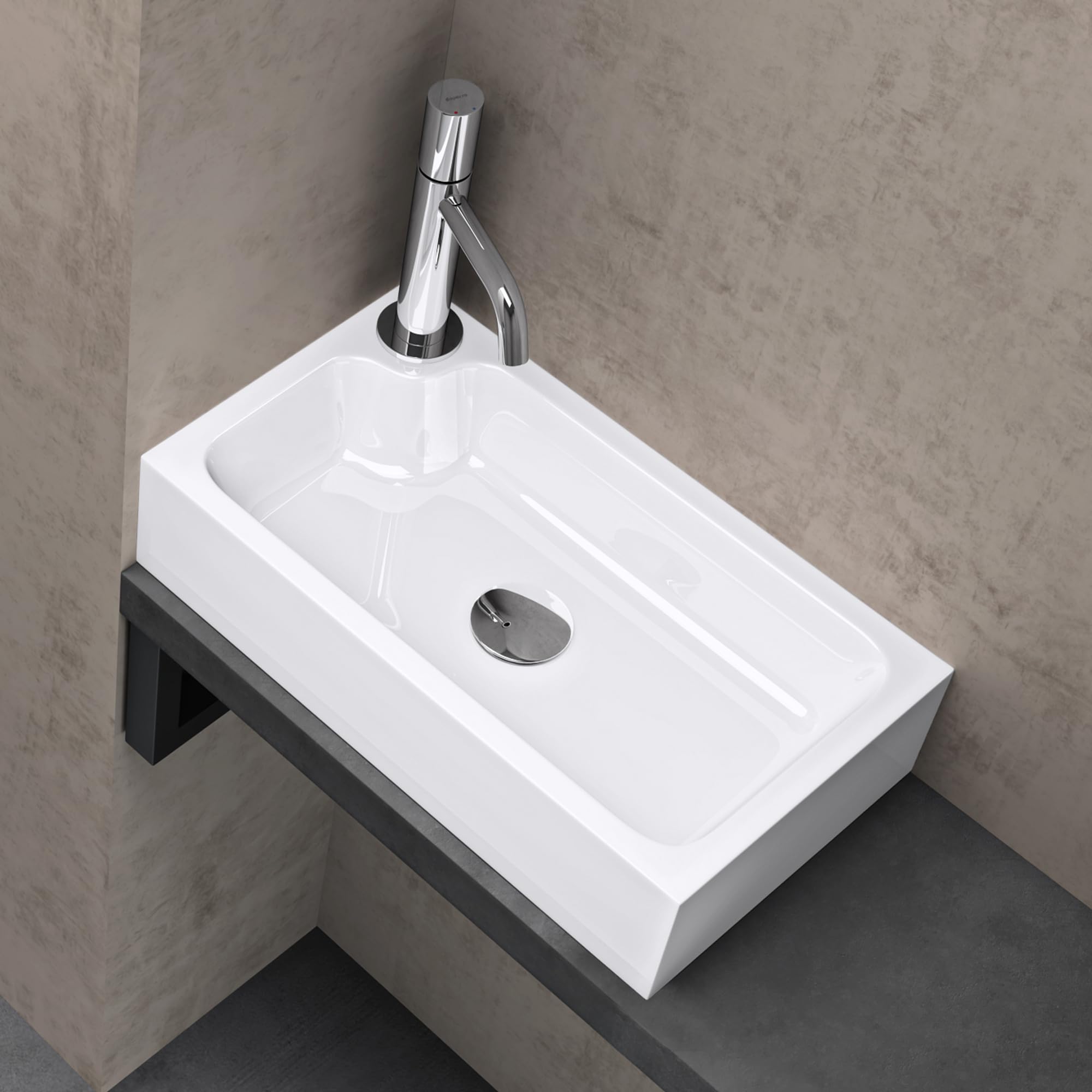 doporro Gäste WC Aufsatzwaschbecken Mineralguss 46x26x11cm Weiß | Modernes Waschbecken Handwaschbecken Mit DIN-Anschlüsse für Badezimmer,Eckig, Becken: Rechts, leicht zu reinigen, colossum101