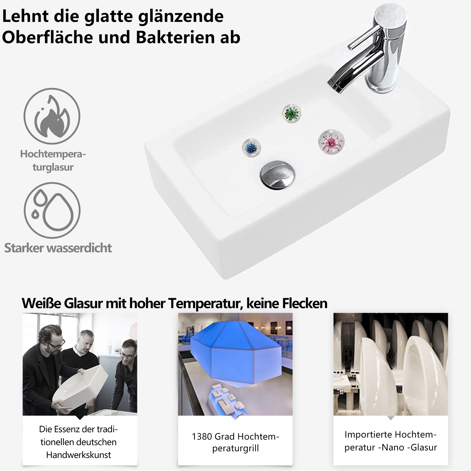 OUUTMEE Lavabo de pared, para diestros, 370 x 185 x 90 mm, lavabo pequeño sobre encimera, lavabo de pared o sobre encimera, inodoro de invitados, blanco, juego