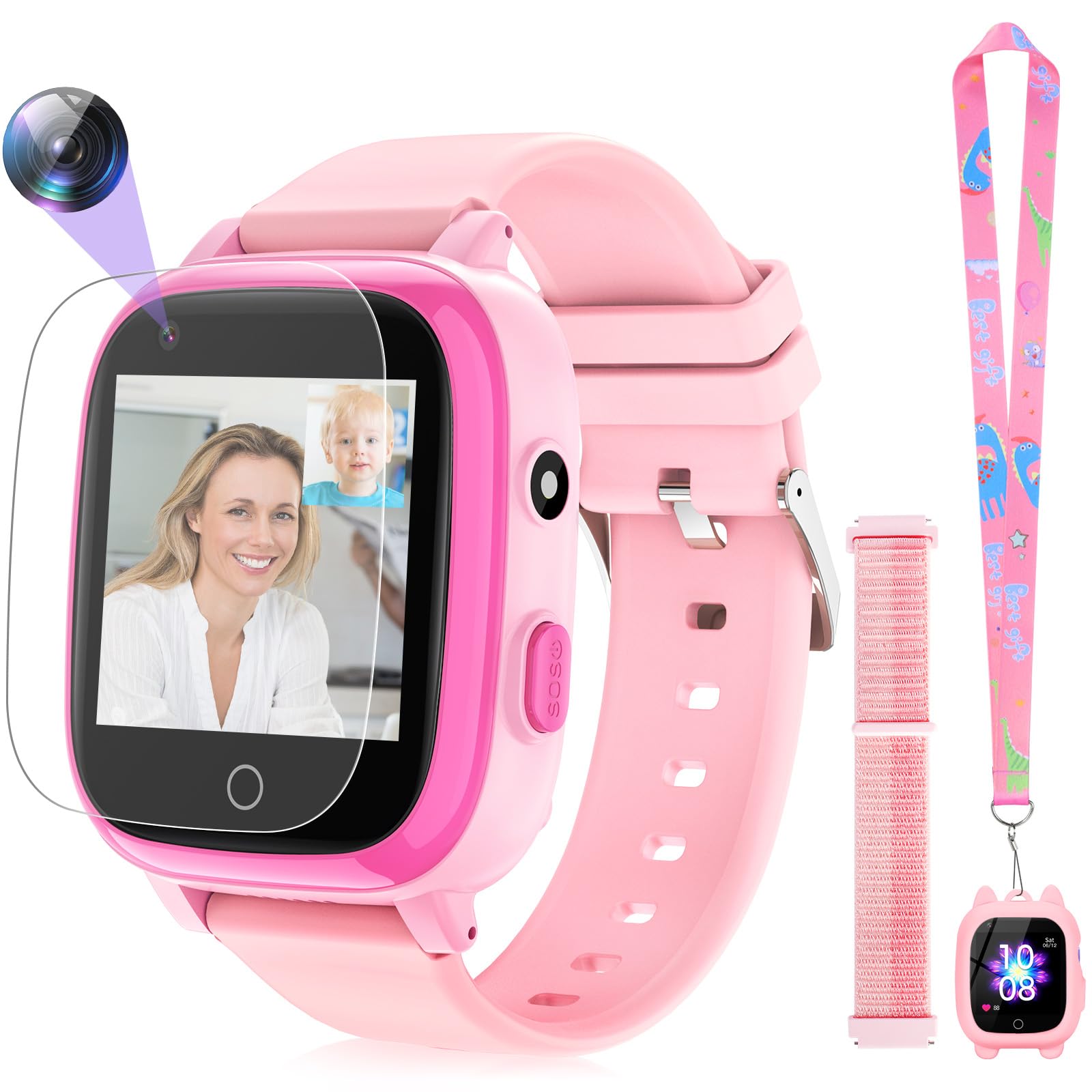 Mingfuxin Smartwatch 4G para niños, Impermeable Smartwatch Infantil con rastreador GPS, videollamadas por WiFi, SOS, podómetro, cÔmara, Modo Escuela y geocercado para niños y niñas de 4 a 12 años