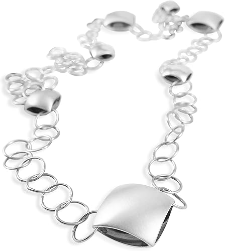 Handmade Link Statement Necklace, Square Cushion Shapes, Sterling Silver 925 Satin and Polished Finish, Dark Oxidized Interior, Reversible, 53