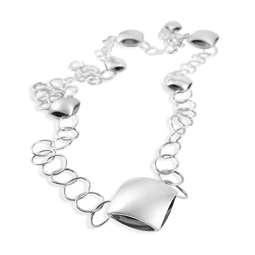 Handmade Link Statement Necklace, Square Cushion Shapes, Sterling Silver 925 Satin and Polished Finish, Dark Oxidized Interior, Reversible, 53