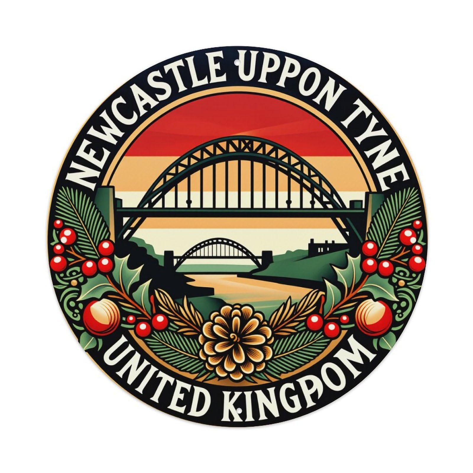 Newcastle Bridge Landscape Floral Wreath Round Tin Sign Vintage Metal Poster Retro Bar, Home, Man Cave, Kitchen, Laundry Room Wall Art Decor Gift 8x8In