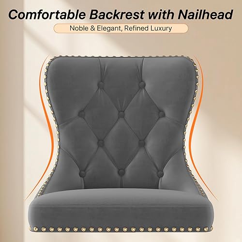 Miniatura 8 de Juego de 2 taburetes de bar, taburetes giratorios de terciopelo con respaldo copetudo, asiento ajustable con ribete de cabezas de clavos, sillas de