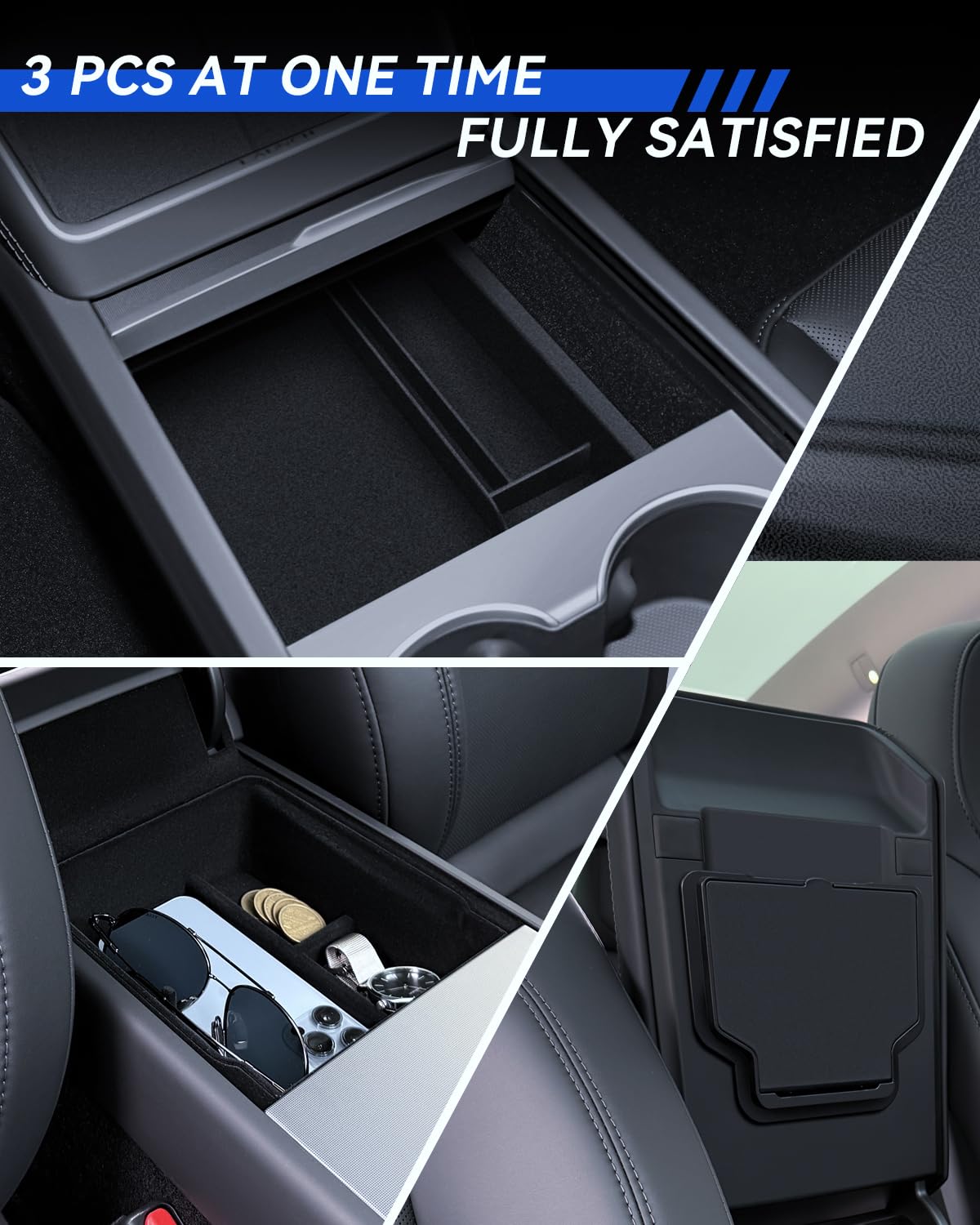3 accesorios para Tesla Model Y 2025-2026 Juniper Organizador de consola central, reposabrazos de almacenamiento y caja oculta (flocado)