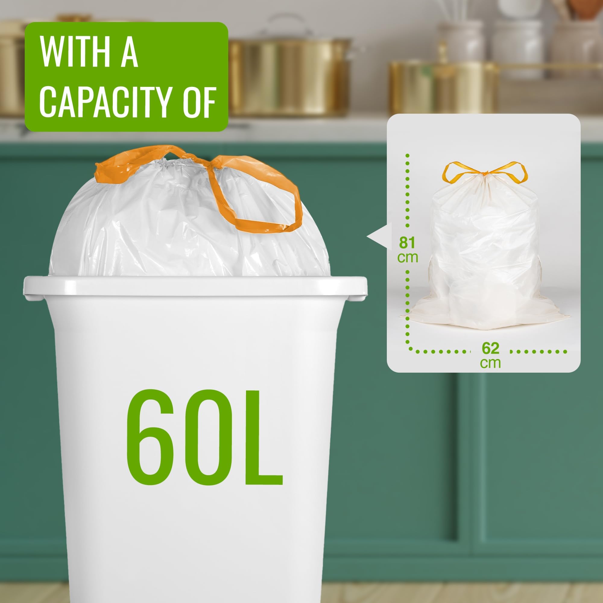 EcoBag Confezione da 100 sacchetti bianchi per la spazzatura da cucina con coulisse, 50-60 l, 28 micron, resistenti, compatibili con Brabantia, ecologici, resistenti agli strappi, trasparenti (620 x