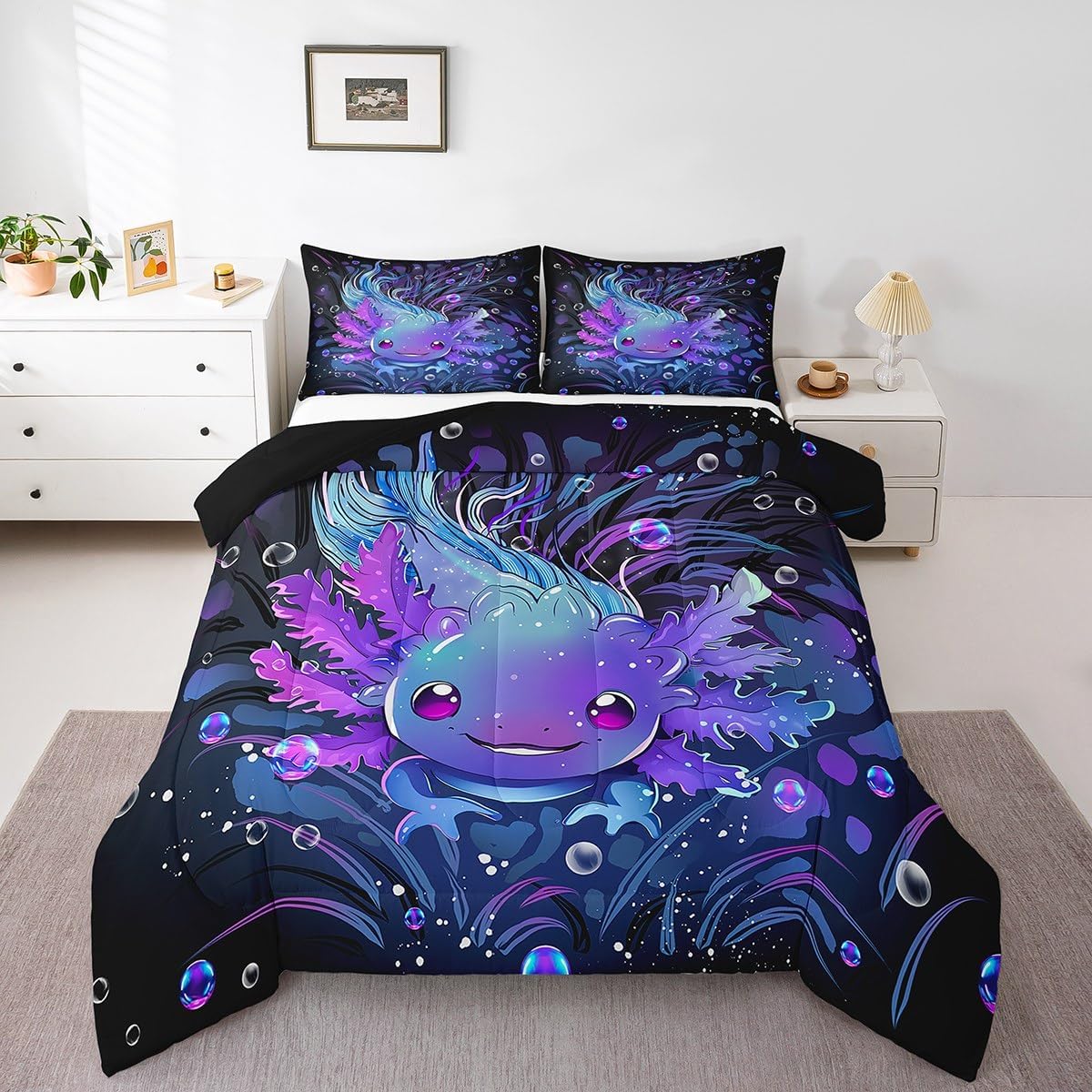 Feelyou Cute Axolotl Bedding Set Boys Girls Twin Size Salamander Comforter Set for Kids Women Men Ultra Soft Reptile Animal Comforter Ocean Sealife Duvet Set Room Decor Quilt Set