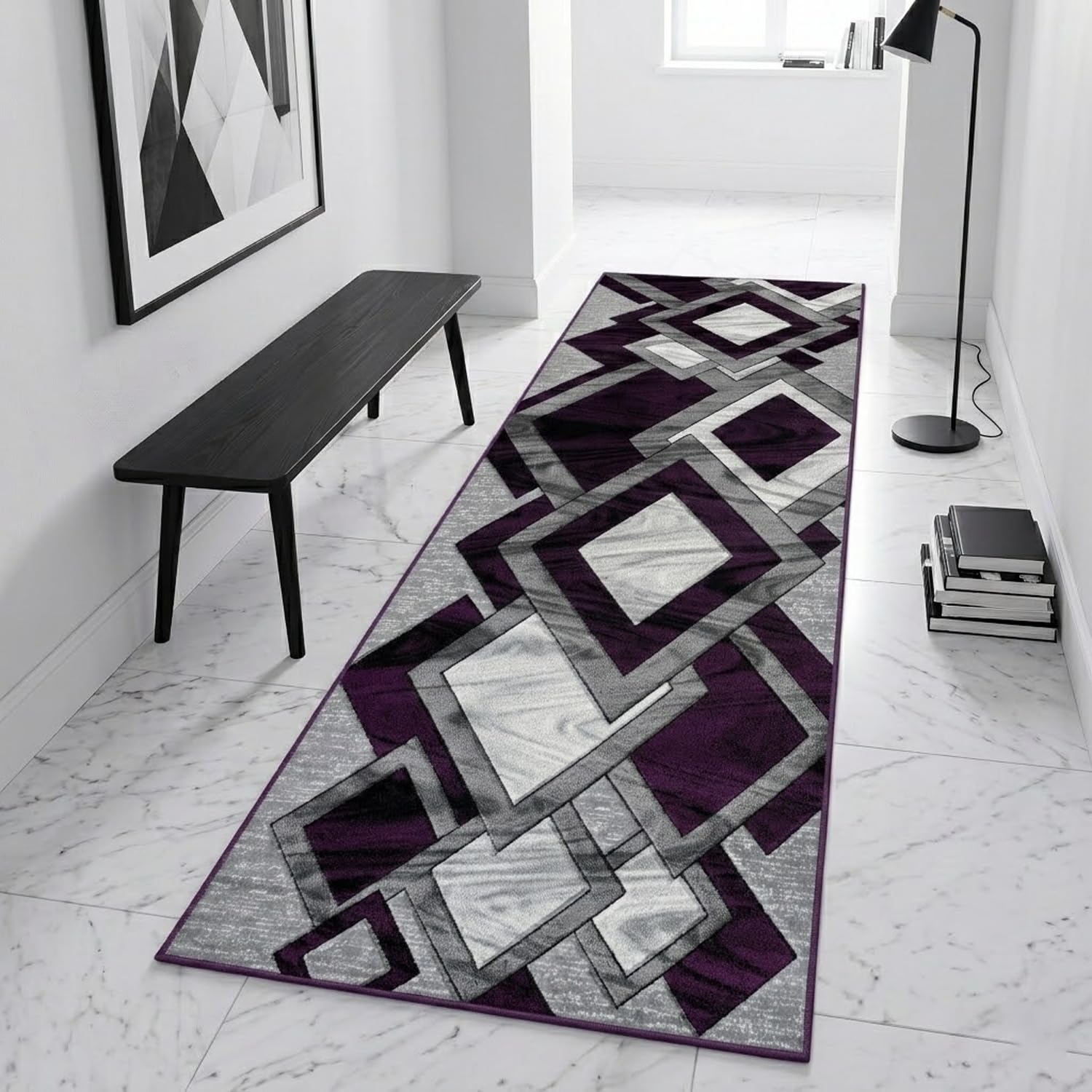 PHP Runner Rugs for Hallway Kitchen Washable Runner Floor Rug - Geometric Pattern Design Heavy Duty Large Floor Rugs Living Room Kitchen Rug - 80 x 150 cm - Purple — image 1