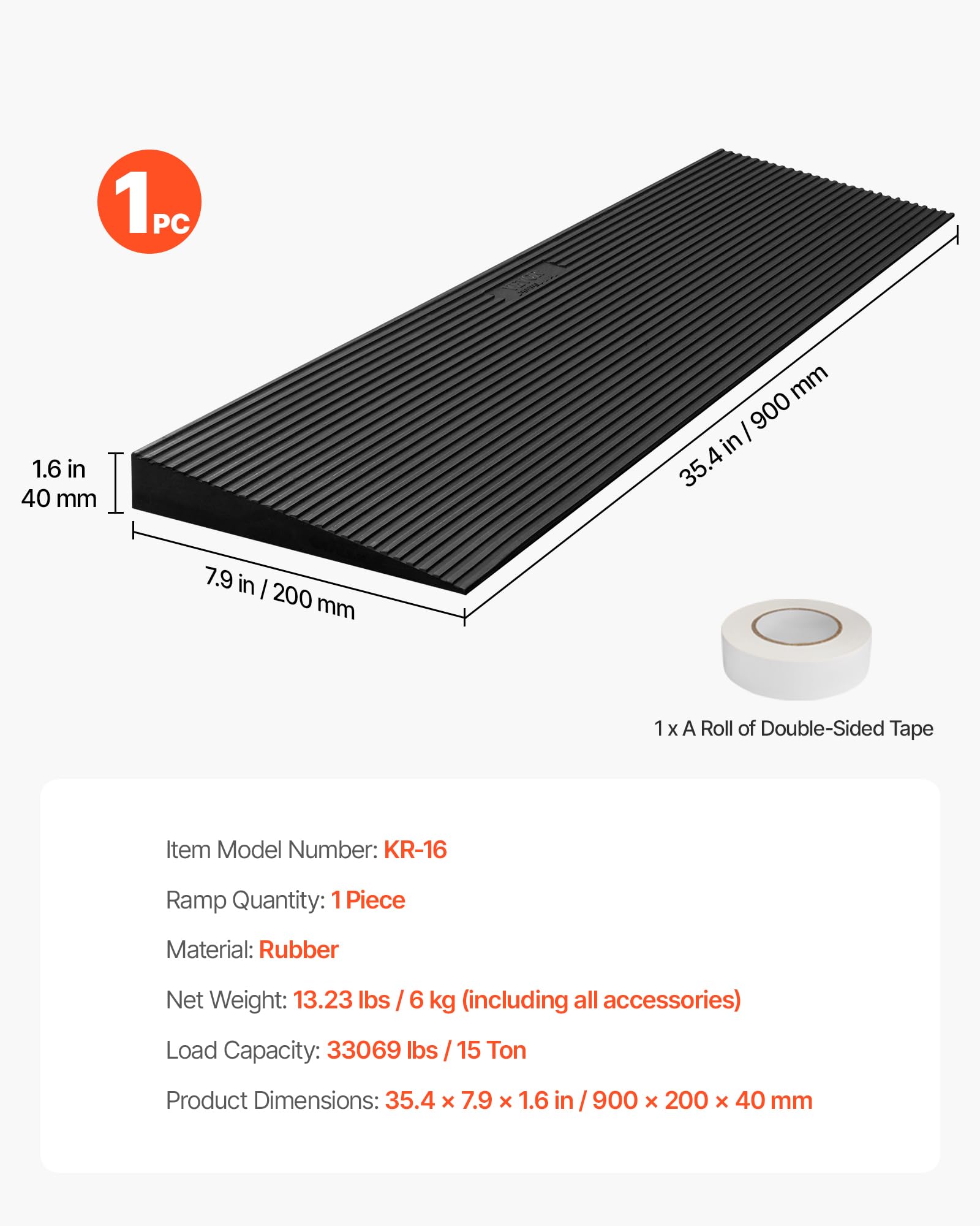 VEVOR Rampa progowa wysokość 4 cm rampa do cięcia gumy, obciążenie 15 t, rampa dostępu do wózków inwalidzkich, szerokość 90 cm, antypoślizgowa, dwustronna taśma samoprzylepna do drzwi łazienkowych