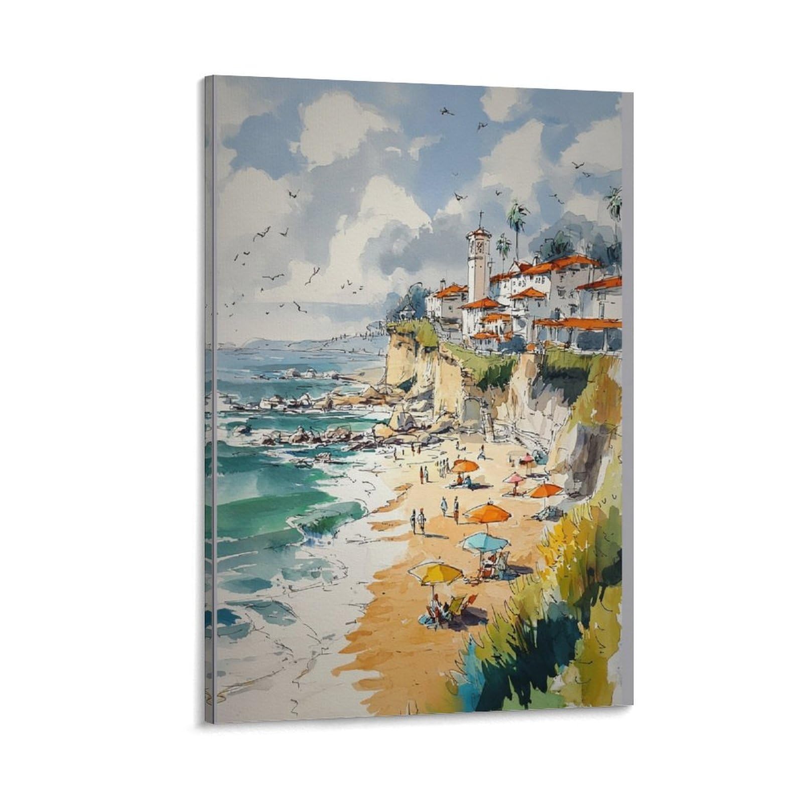 LCYNNH Corona Del Mar Watercolor Painting Newport Beach Coastal 16x24inch(40x60cm) Print Home Bedroom Office Living Room Decor Canvas