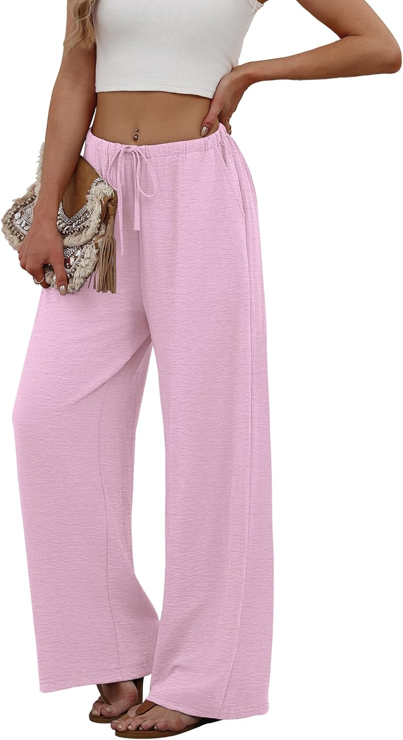 Sampeel Women's Linen Summer Palazzo Pants Flowy Wide Leg Beach Trousers with Pockets Pink - Image 4