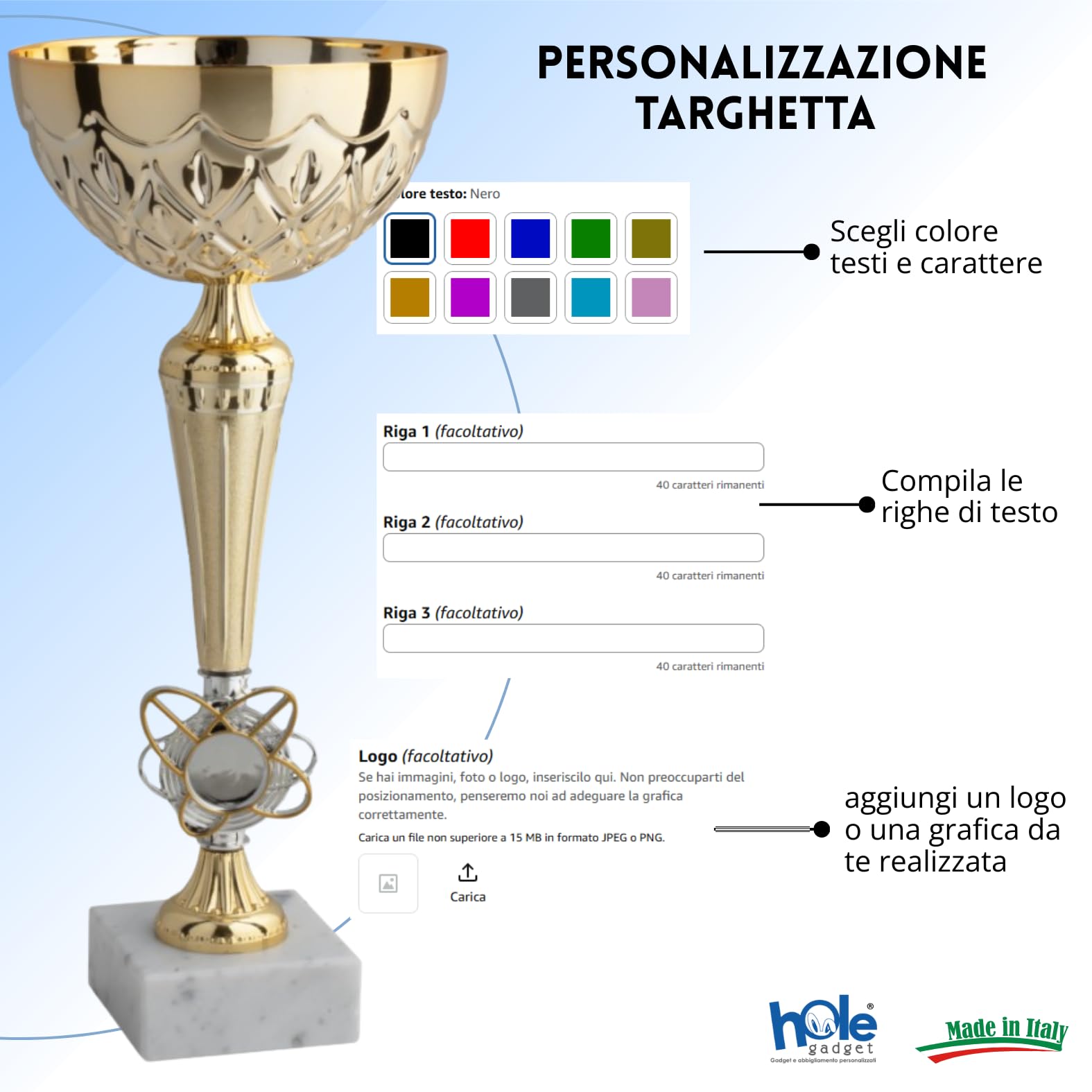Coppa Trofeo Personalizzabile 35, 32, 29, 27 cm Singolo o Set Tutti Gli Sport, Calcio, Calcettto, Tennis, Basket, Padel, Fantacalcio, Premiazioni cod 13.051