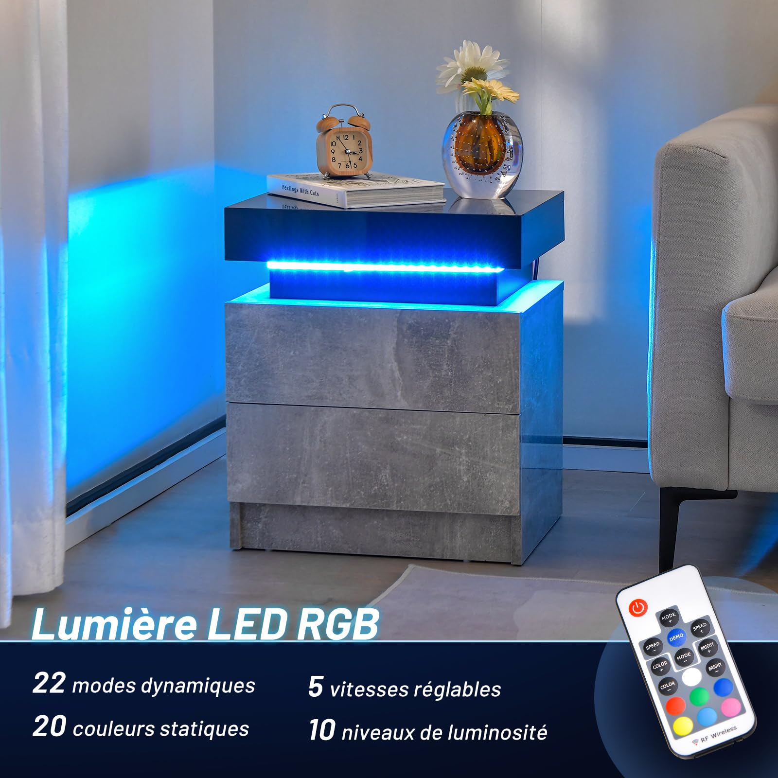 Lemonbest Table de Chevet Éclairage LED 20 Couleurs Table de Nuit 2