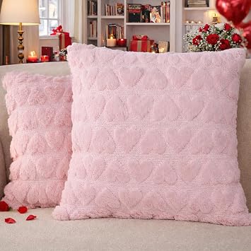 Hongsome Valentines Day Decor-Throw Pillow Covers 18x18in Set of 2,Pink Soft Plush Faux Fur Pillow Case with Heart for Large Couch Sofa Home Indoor Outdoor Holiday Decorations