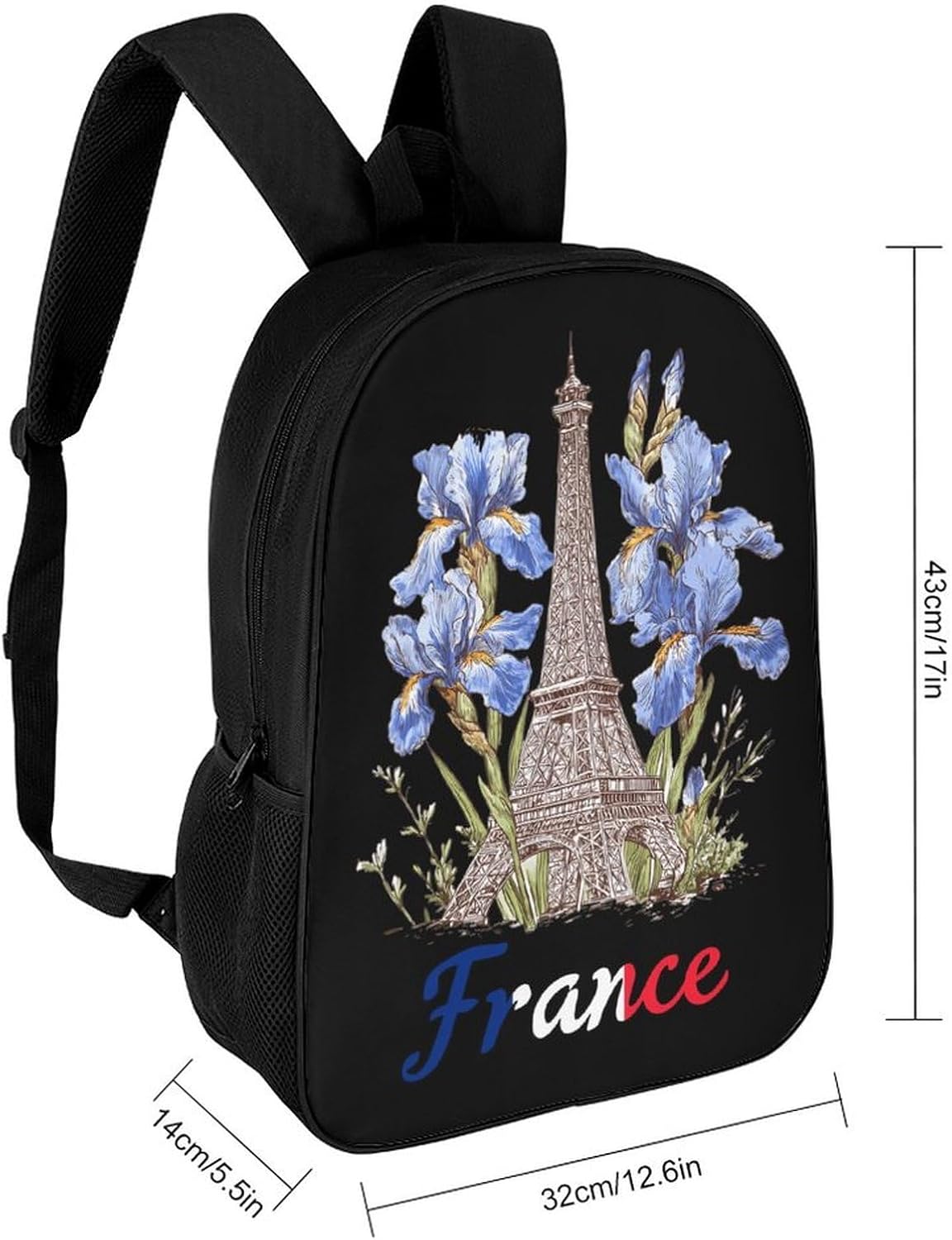 Eiffel Tower Iris Flowers France French Flag Unisex Backpack 17" Casual Daypacks Simple Shoulders Bag for Camping Hiking Travel Gear