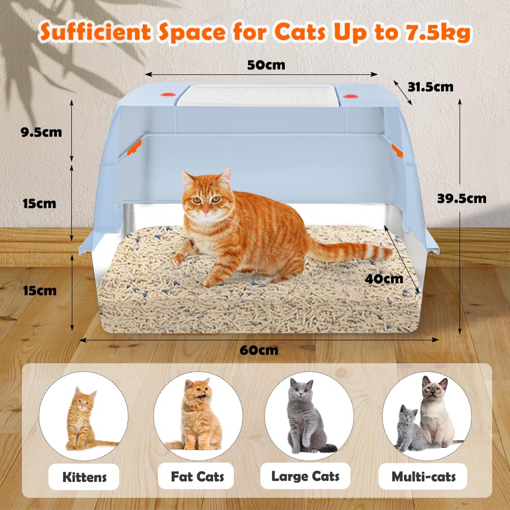 Vivifying - Cama para gatos de acero inoxidable con tapa, talla XL, fácil de limpiar y resistente a los olores, de acero inoxidable, con pedales, pala y alfombra(azul)