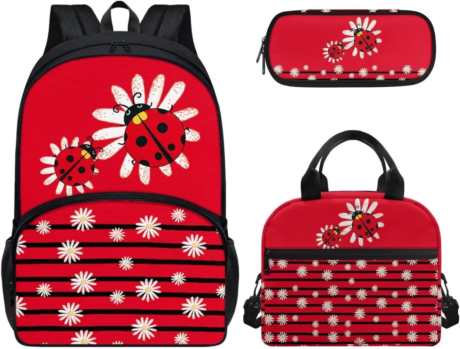 Agoviwo Ladybug Design School Backpack Set for Girls 10-12 Years Old Book Bag, Lunch Bag and Pencil Case