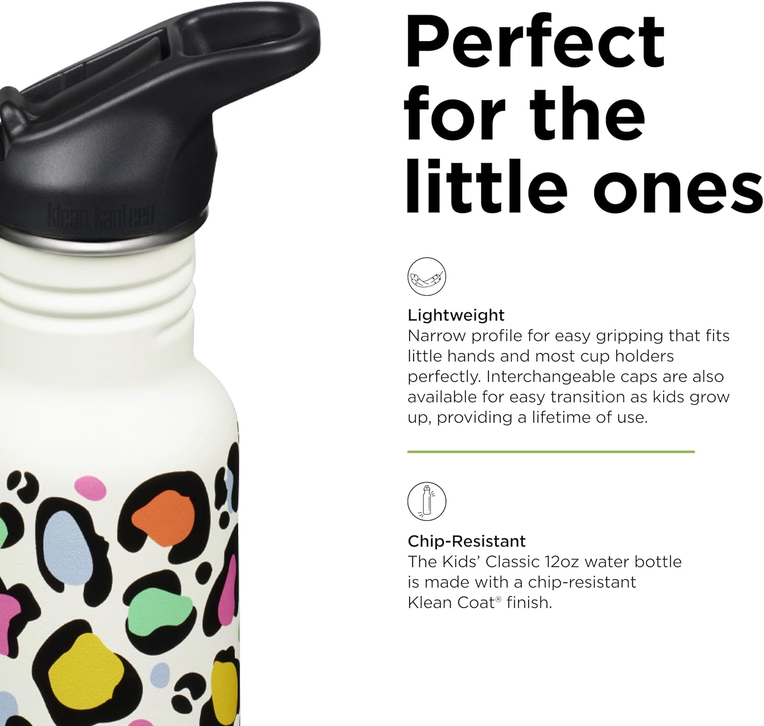 Klean Kanteen 12 oz Classic Kid's Water Bottle with Flip Seal Sport Cap & Straw - 100% Leakproof Cap - Durable Stainless Steel Material - Lightweight & Easy-Grip - BPA-Free - Leopard Print - Image 4