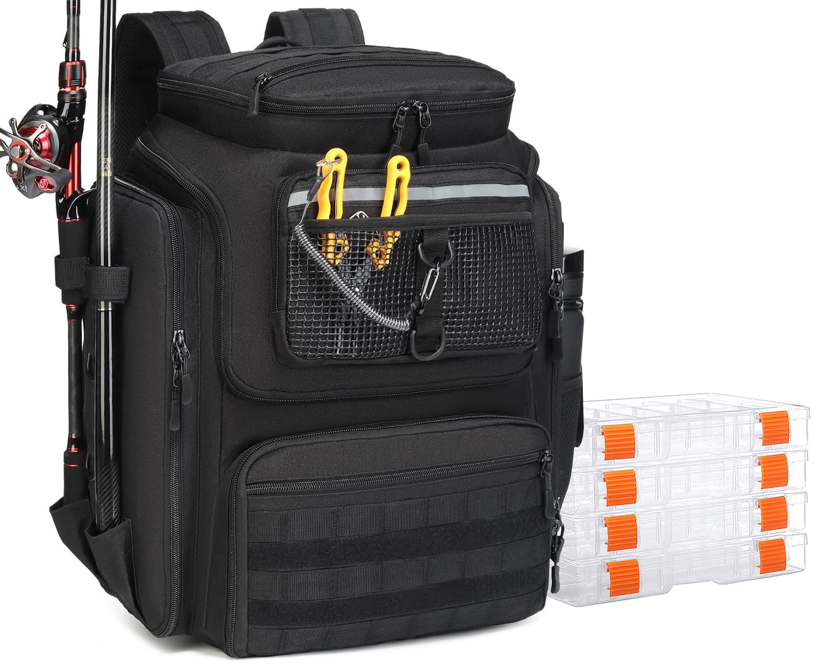 Zaino da pesca con 4 scatole e supporti per canna da pesca da 45 l, impermeabile, per pesca, escursionismo, campeggio, trekking (nero)