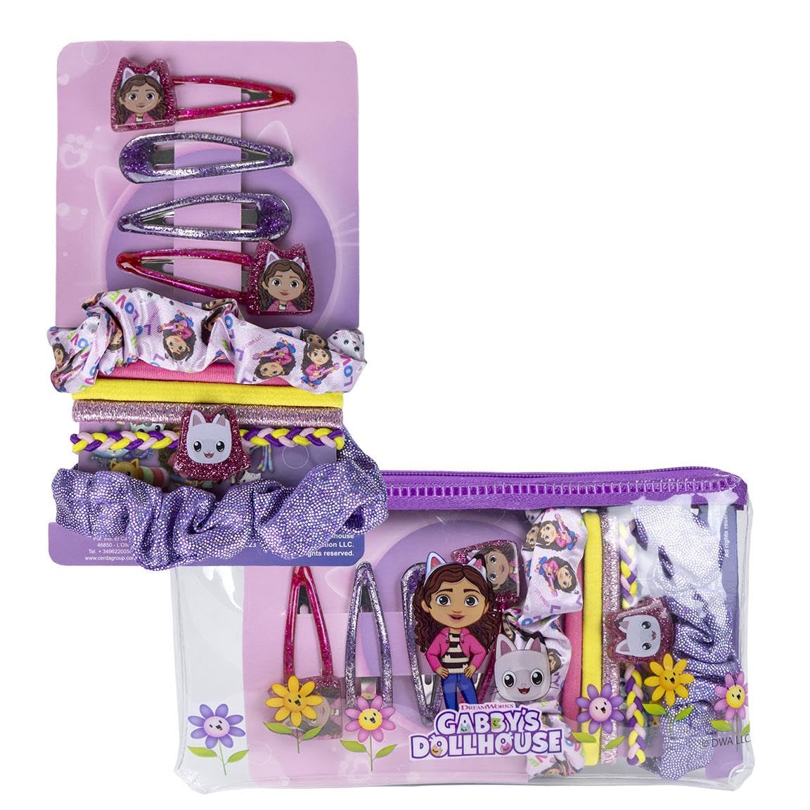 Gabby's Dollhouse Beauty Set - 2 Fabric Scrunchies, 4 Hair Ties, 4 Hairpins and Toiletry Bag - Multicolor - Inspired by Gabby's Dollhouse - Original Product Designed in Spain