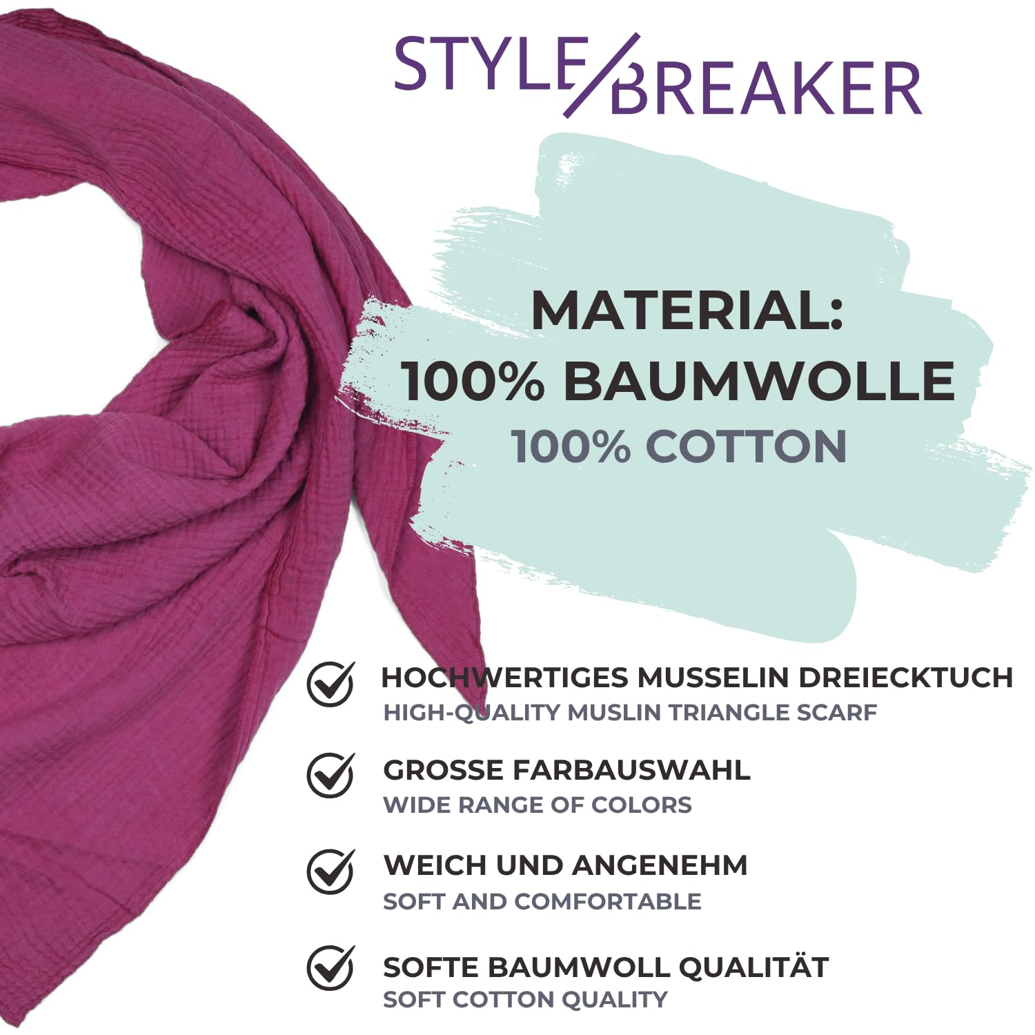 styleBREAKER pañuelo triangular de muselina para mujer hecho de algodón | pañuelo de cuello liso, suave y ligero | pañuelo con estilo para todo el año - Hecho en Italia, 196 x 84 cm
