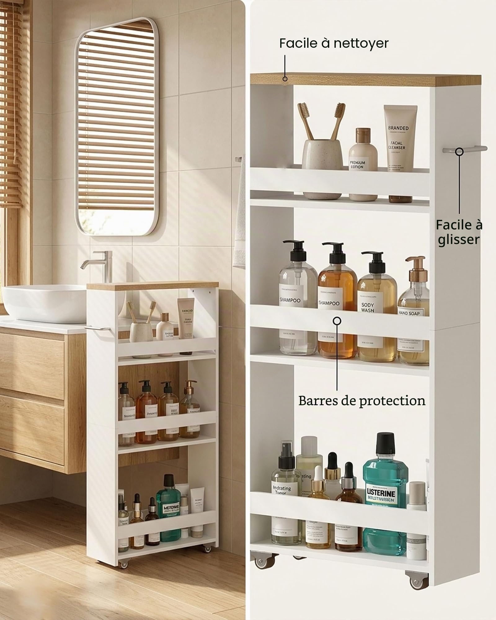 Desserte Salle de Bain à roulettes 40 x 14 x 80 cm Meuble Étroit 3 Niveaux Chariot de Rangement pour Salle de Bain Petit Espace Blanc Bois