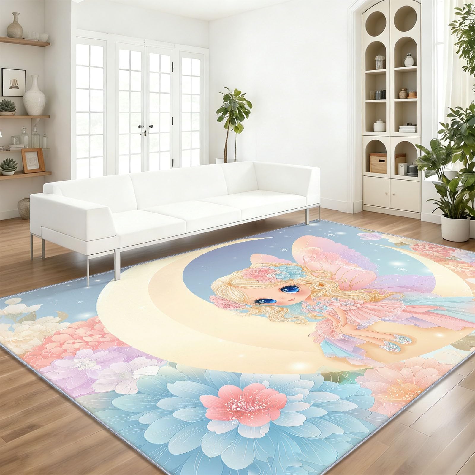 Fleurs Lune Fée Tapis de Salon, Tapis de Dimensions 60x110cm antidérapant et Lavable, Dessin Animé Mignon Multicolore pour Les Chambres Les Salons et Les couloirs