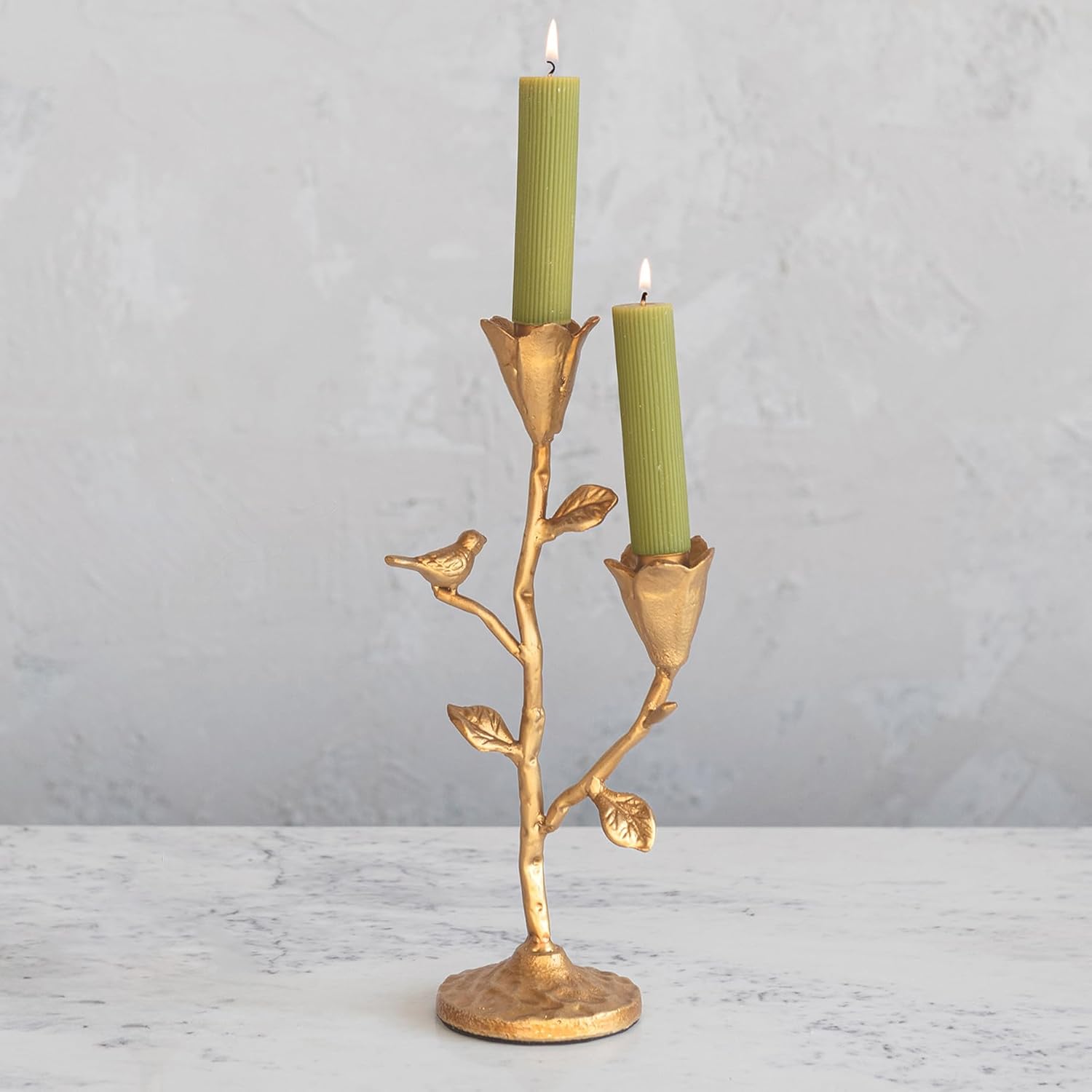Creative Co-Op Hand-Forged Cast Iron Candelabra with Flowers and Bird, Gold