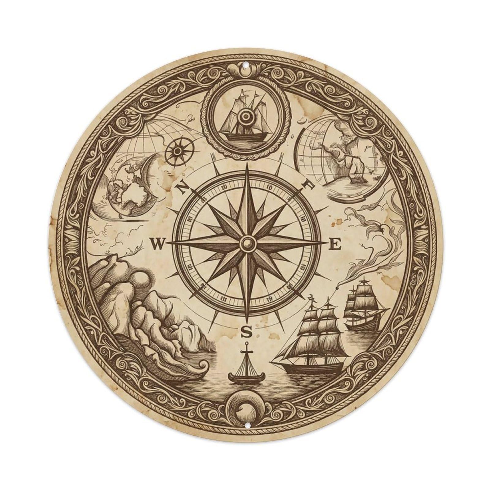 Vintage Nautical Compass World Map Piloting Path Metal Tin Sign