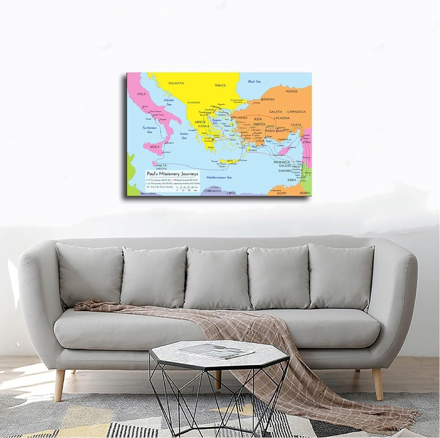Bible Map Paul’s Missionary Journeys Canvas Poster Print Picture Paintings, Detailed Bible Story Map Poster for Classroom and Religious Home Decors, 24x36inch(60x90cm) Unframed