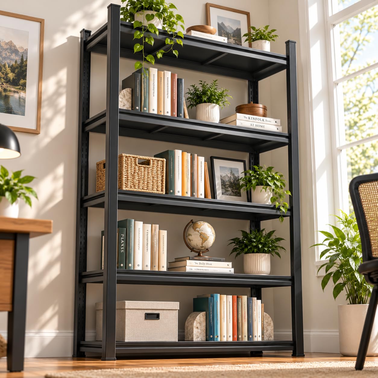 Book Shelf, Adjustable Tall Bookcase, No-Assembly-Required Metal Bookshelf
