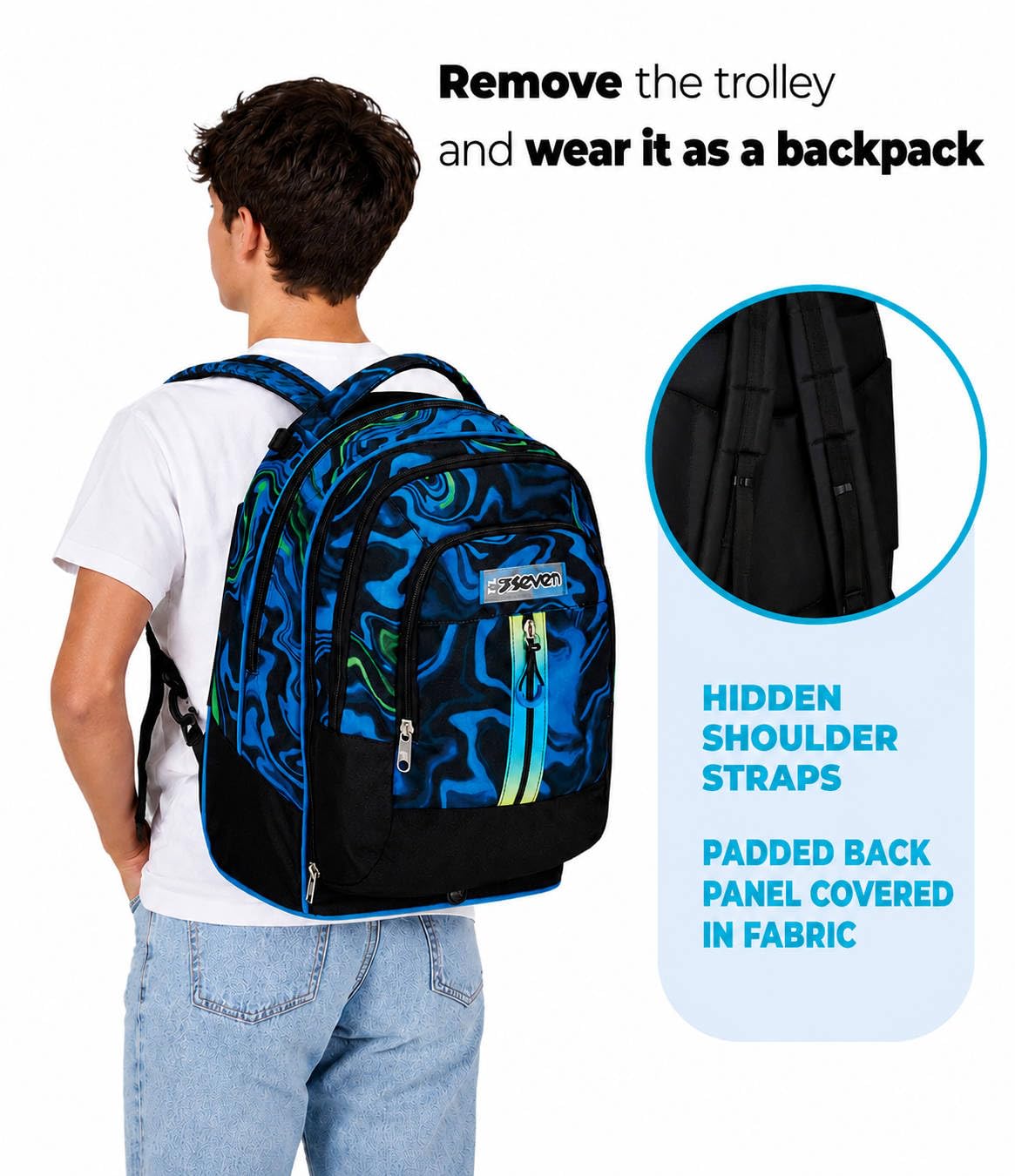 Seven Mochila escolar Detach con función trolley, mochila con ruedas, para escuela, deportes, ocio, a partir de 1er grado, 3 en 1, con compartimento para botella de agua, mochila pequeña, para niños