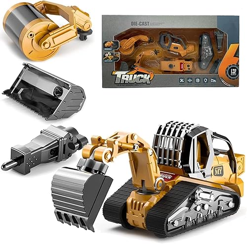 Miniatura 2 de GeminiGenius Camión de construcción 4 en 1 excavadora con pala cargadora de metal pala enrollable y martillo de impacto vehículos de construcción