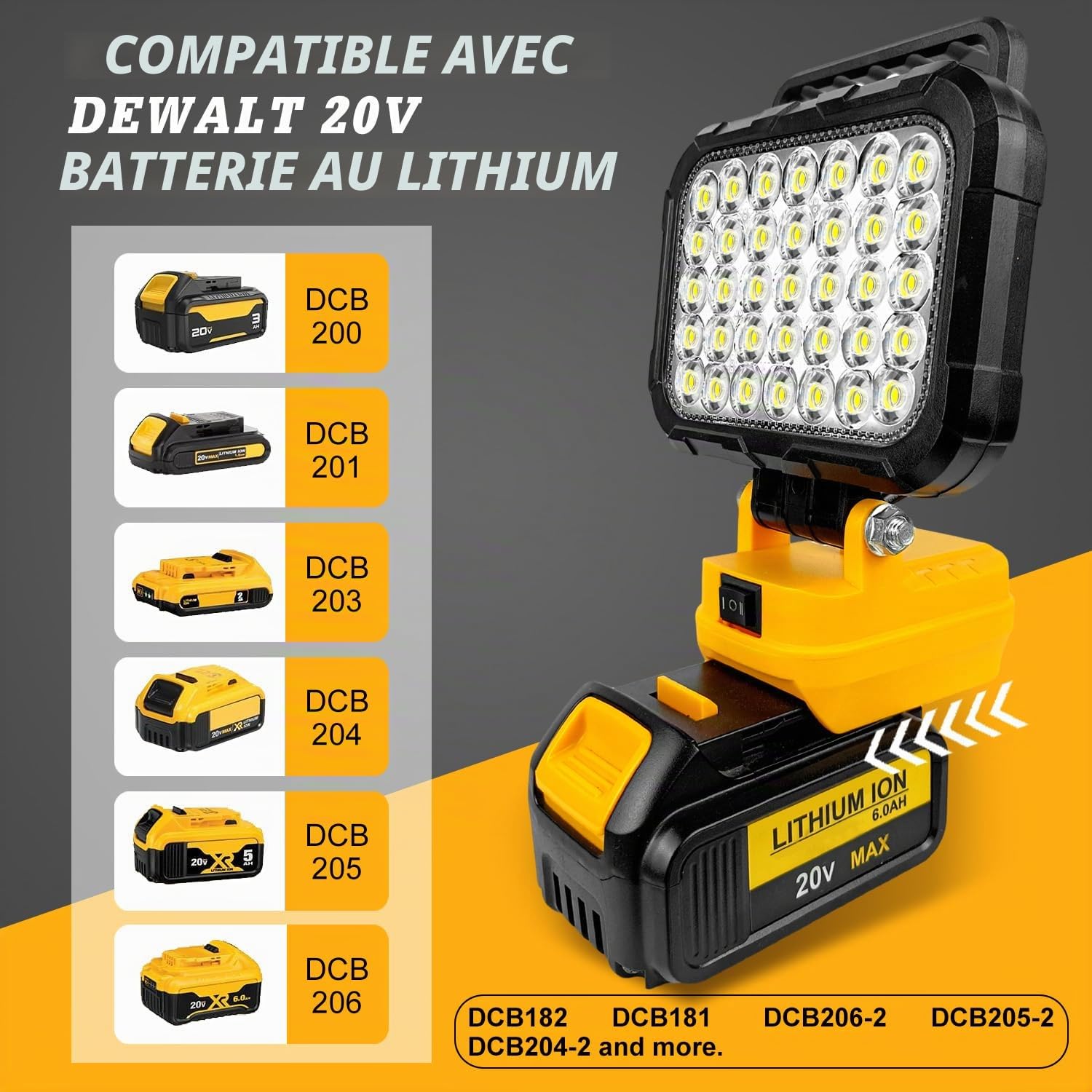 Lampe LED sans fil pour batterie Dewalt 20 V max (pas de batterie), projecteur LED 35 LED, projecteur de chantier, lampe de garage 105 W, lampe de travail avec double port de charge USB