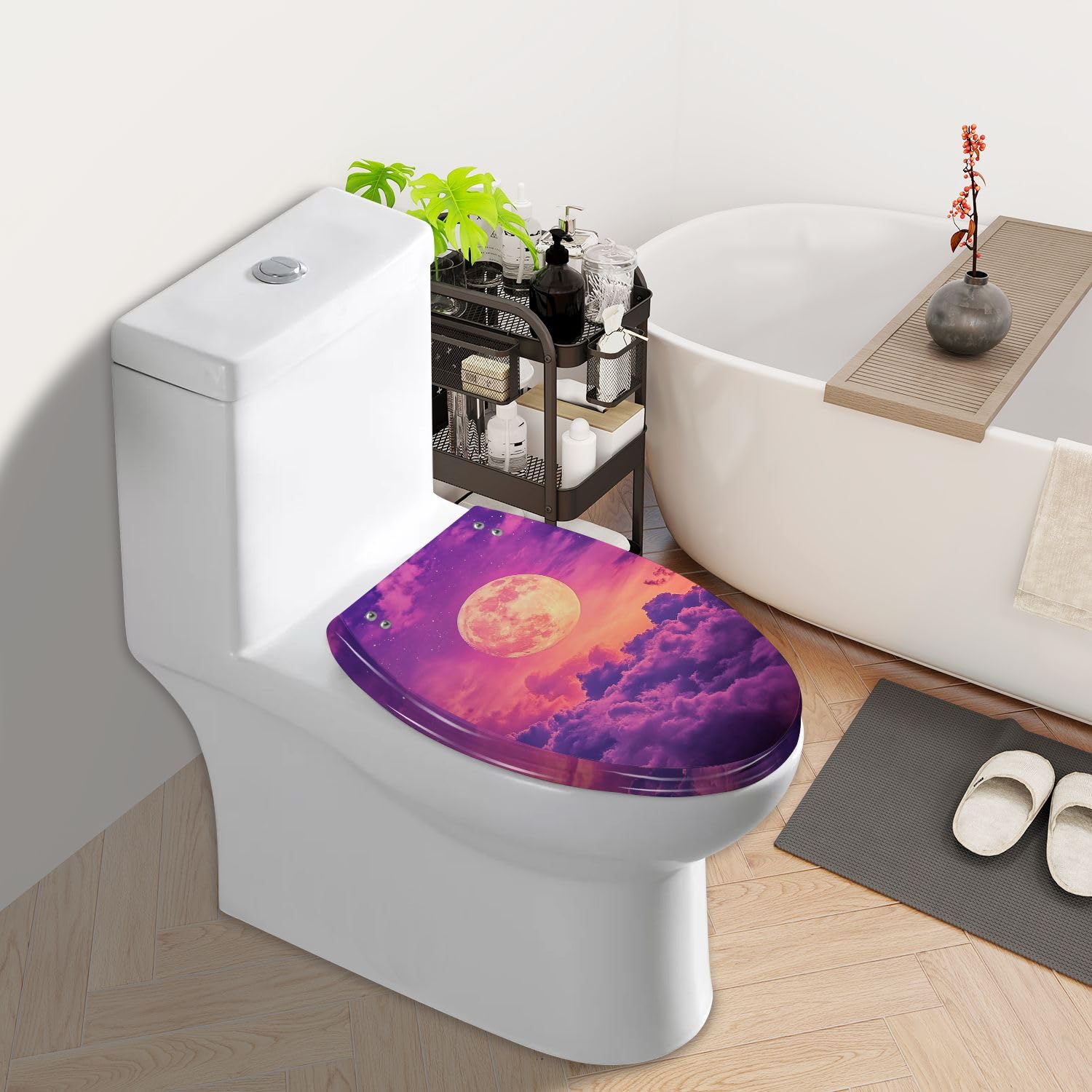 Asiento de inodoro alargado con bisagras de cierre suave para baño.