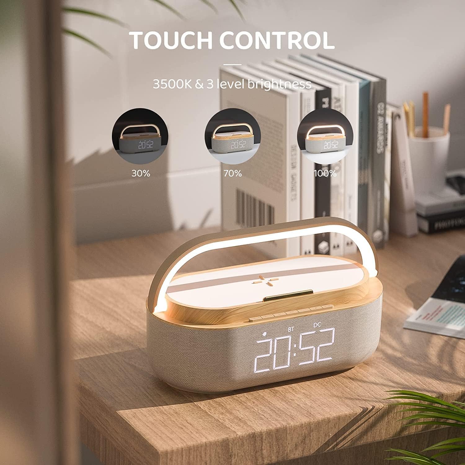 COLSUR Radiowecker Digital mit Wireless Charger, Bluetooth Lautsprecher mit USB-Ladegerät, Smart Wecker Schlummerfunktion Induktive Ladestation, Nachtlampe, Dimmbares LED-Display und Batterie-Backup