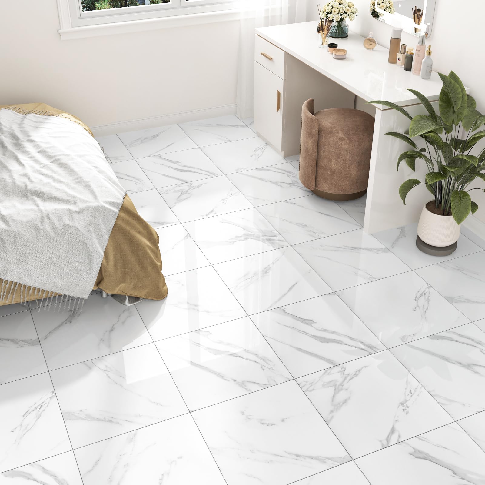 24 Piezas Baldosas Adhesivas Suelo Efecto Mármol Blanco Suelo Vinilo Autoadhesivo Brillante Vinilo Suelo Cocina Baño Impermeable Suelo Vinilico Click Losetas Autoadhesivas Blanco 30cm x 30cm