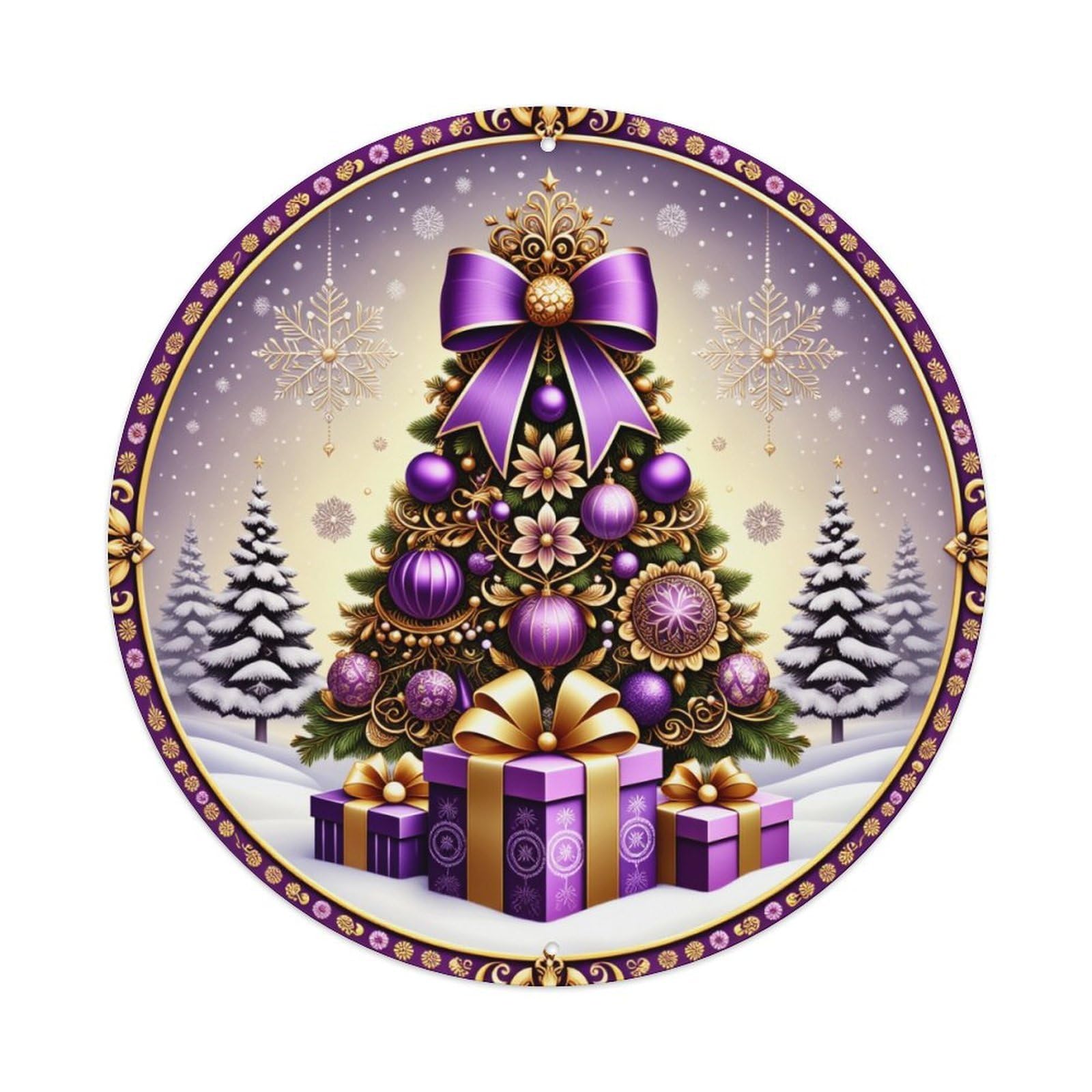 Jdfenggu Vintage Christmas Tree Snowflakes Gifts Purple Gold Retro Metal Tin Sign, Metal Poster For Bar, Home, Man Cave, Kitchen, Laundry Room Art Decor 8X8 Inch